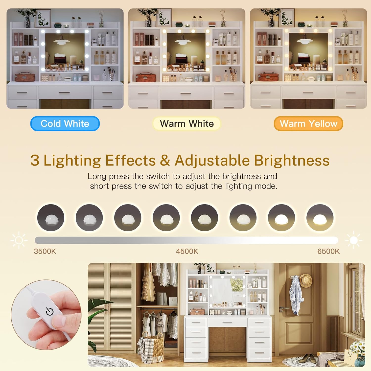 Dressing Table with 3-Color LED Lights Mirror