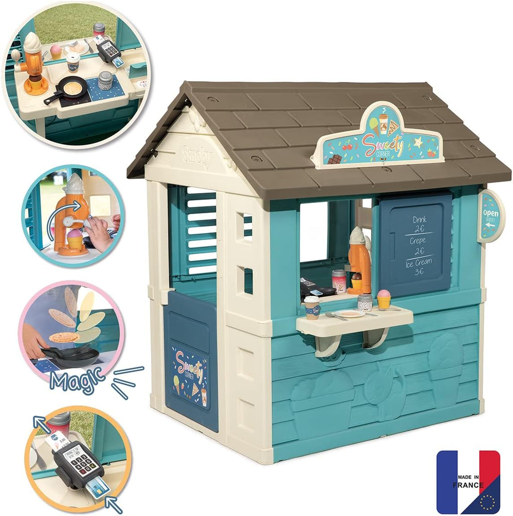 Corner House - Children's Garden Cabin - Snack Theme - Ice Cream Machine - 18 Accessories - Recycled Material - From 2 Years Old - Made in France