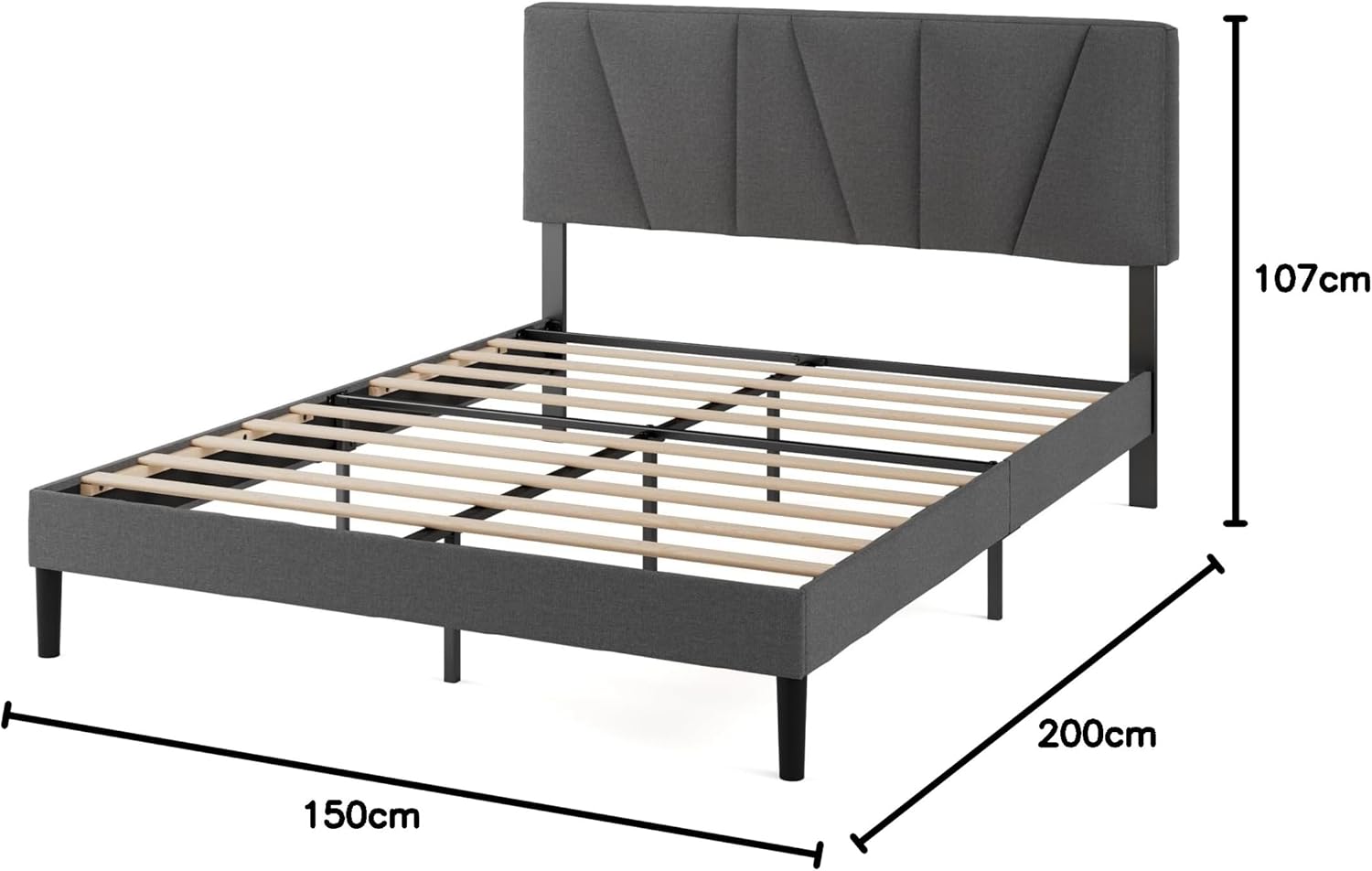 King Size Bed Frame with Headboard - 5ft (150 x 200 cm) - Upholstered Bed Frame - Wooden Slat Support - Easy Assembly - Dark Grey