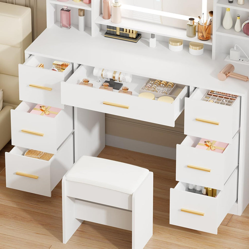 Dressing Table with Lighted Mirror Makeup Vanity Desk with Power Outlet 7 Drawers 3 Colors Lighting Adjustable Brightness Modern Vanity Table for Women Bedroom Dressing Room White YBDT90W