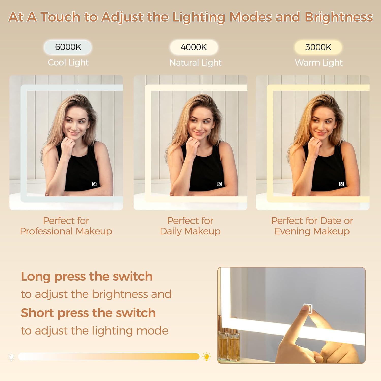 Dressing Table with Lighted Mirror Makeup Vanity Desk with Power Outlet 7 Drawers 3 Colors Lighting Adjustable Brightness Modern Vanity Table for Women Bedroom Dressing Room White YBDT90W