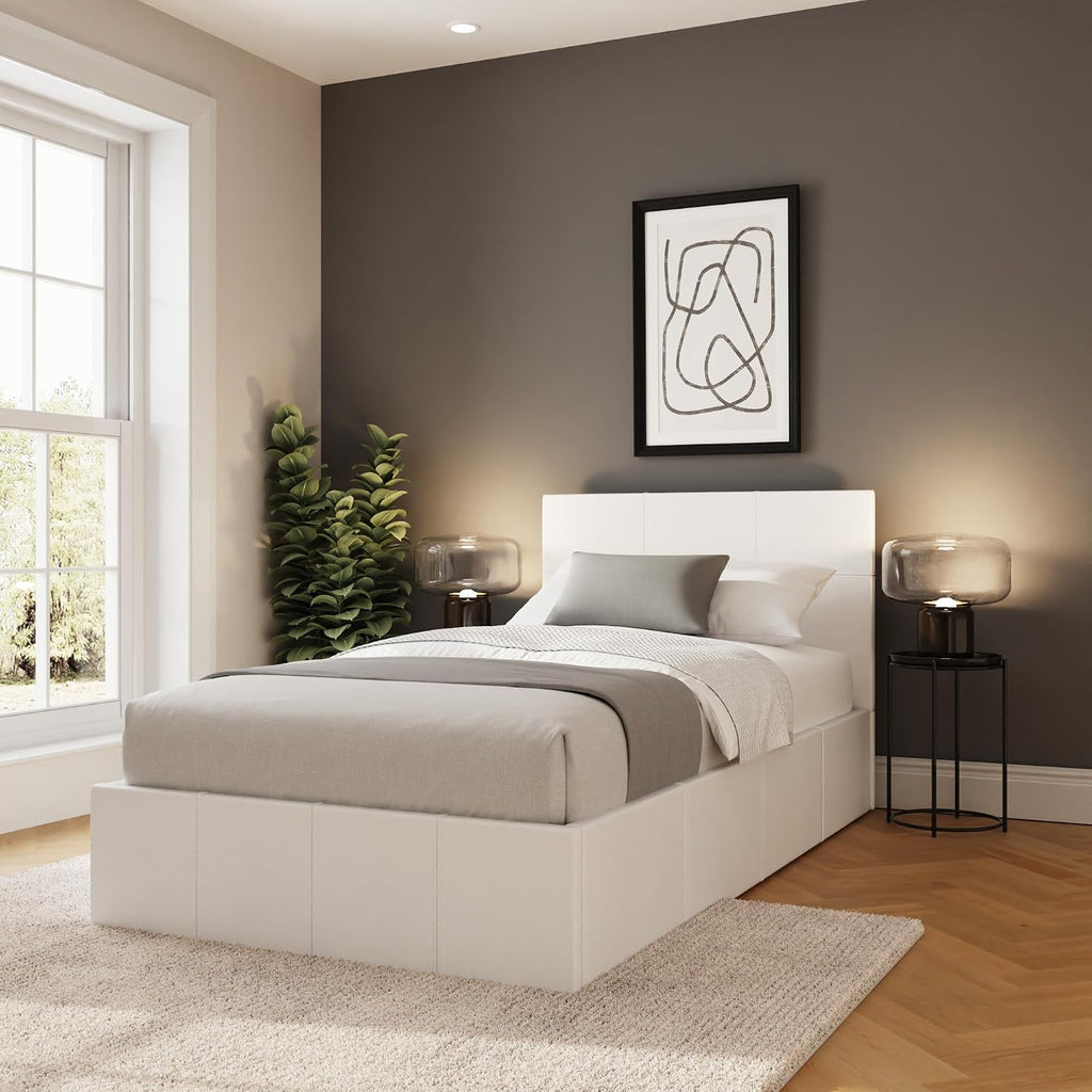 Single White Upholstered Fabric Ottoman Bed Frame