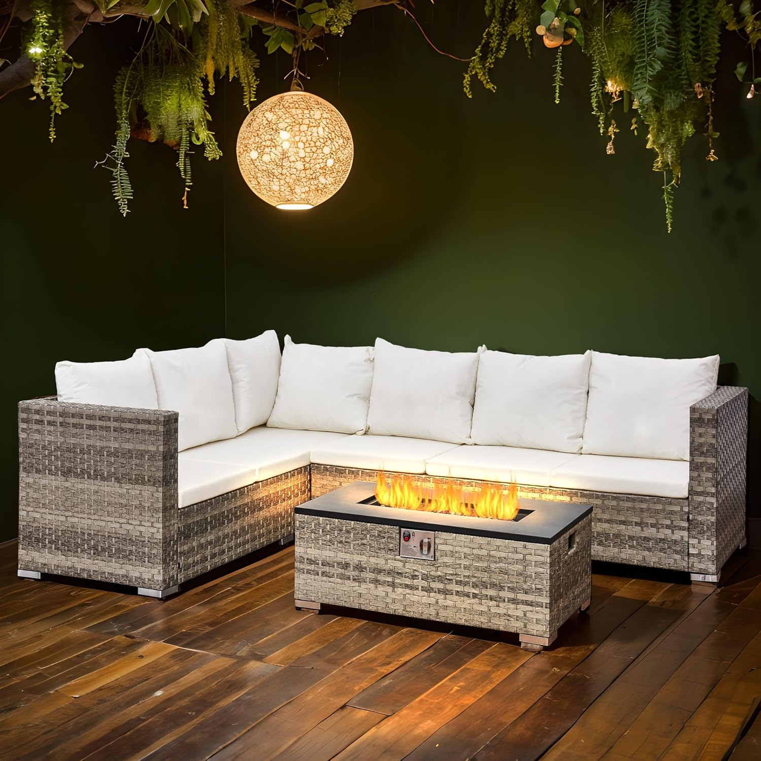 6-Seater Rattan Garden Furniture,Outdoor Sectional Sofa Set with Fire Pit Table,Grey Wicker with White Cushions