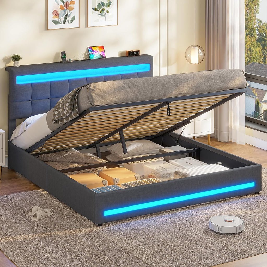 5ft King Ottoman Bed Frame 150×200 cm with Charging Station and LED Lights
