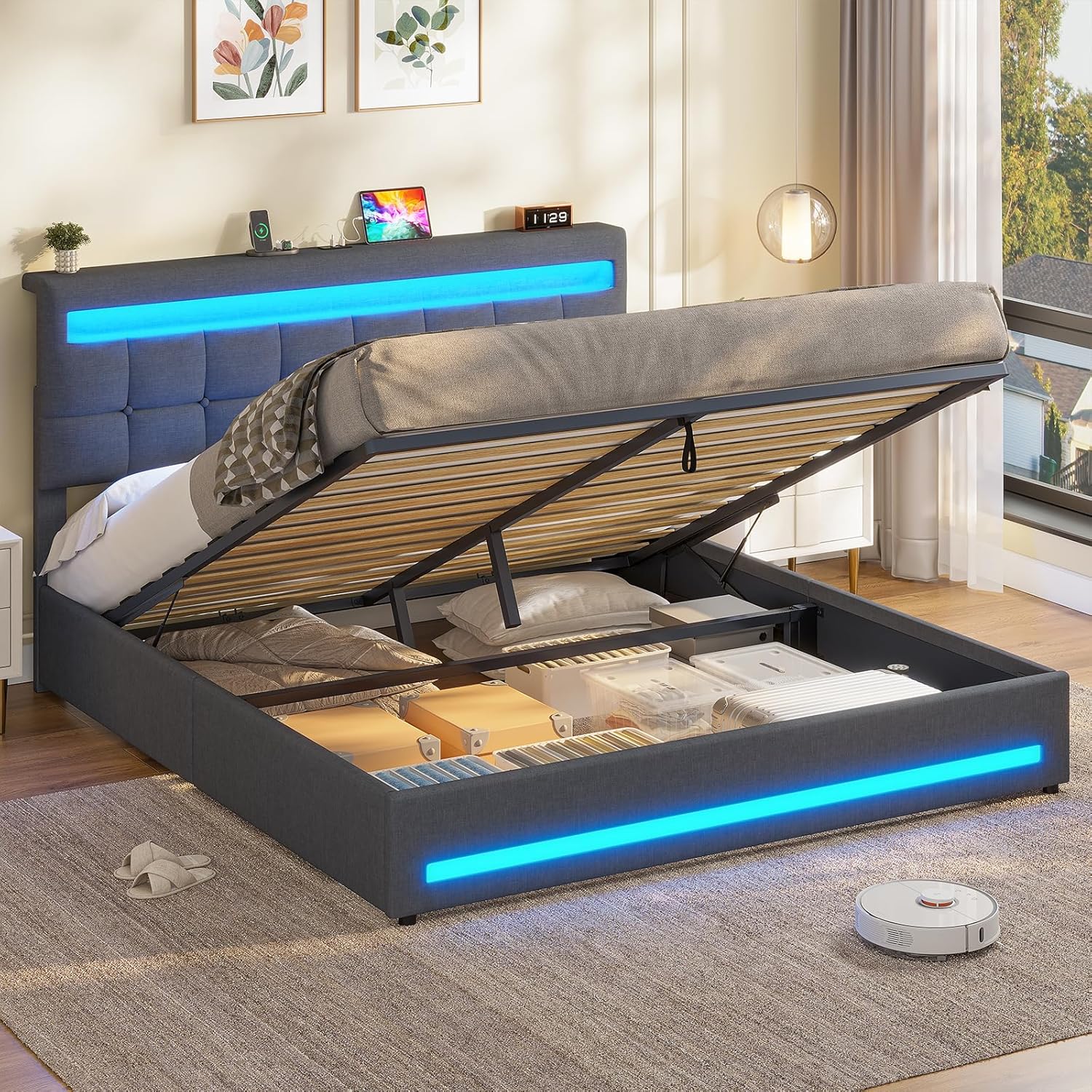 5ft King Ottoman Bed Frame 150×200 cm with Charging Station and LED Lights