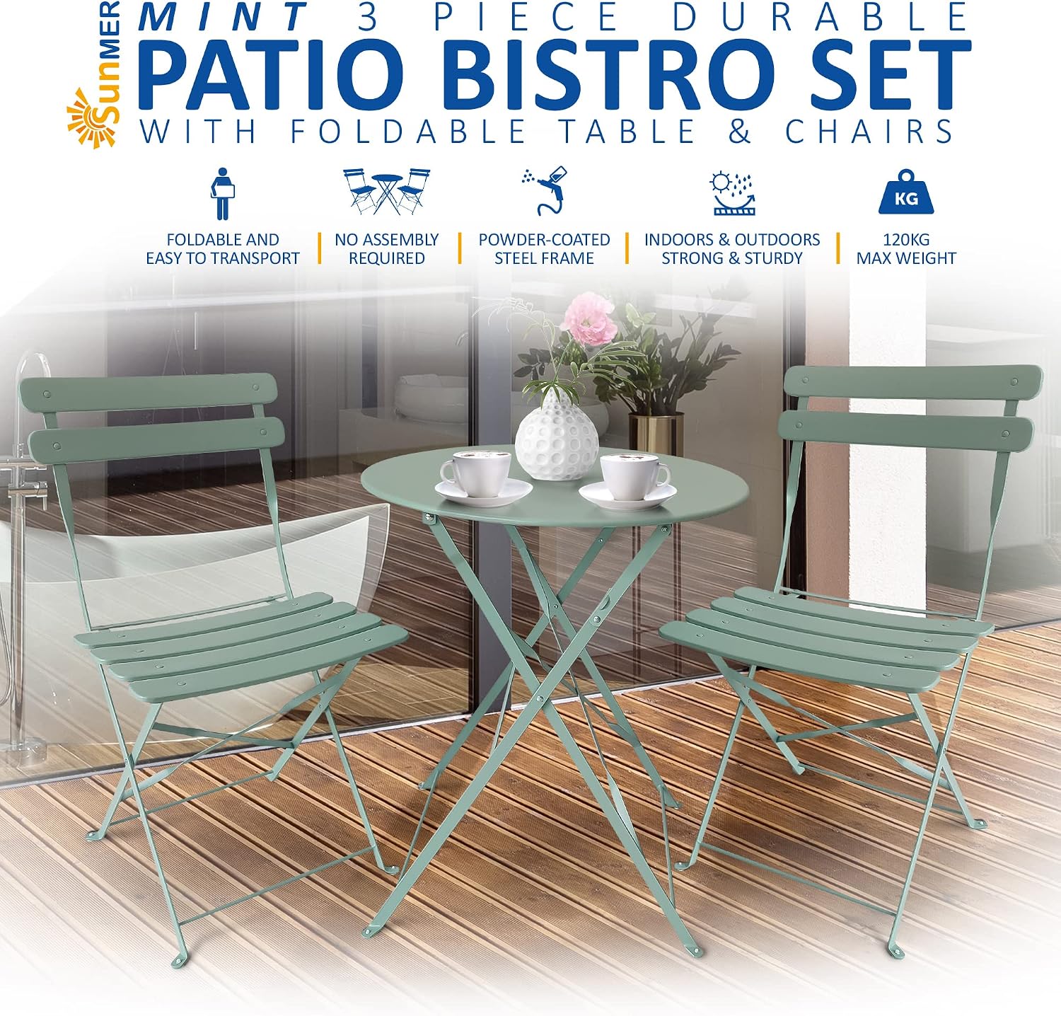 Patio Bistro Set 3 Piece with Foldable Table and Chairs - Powder Coated Steel Frame