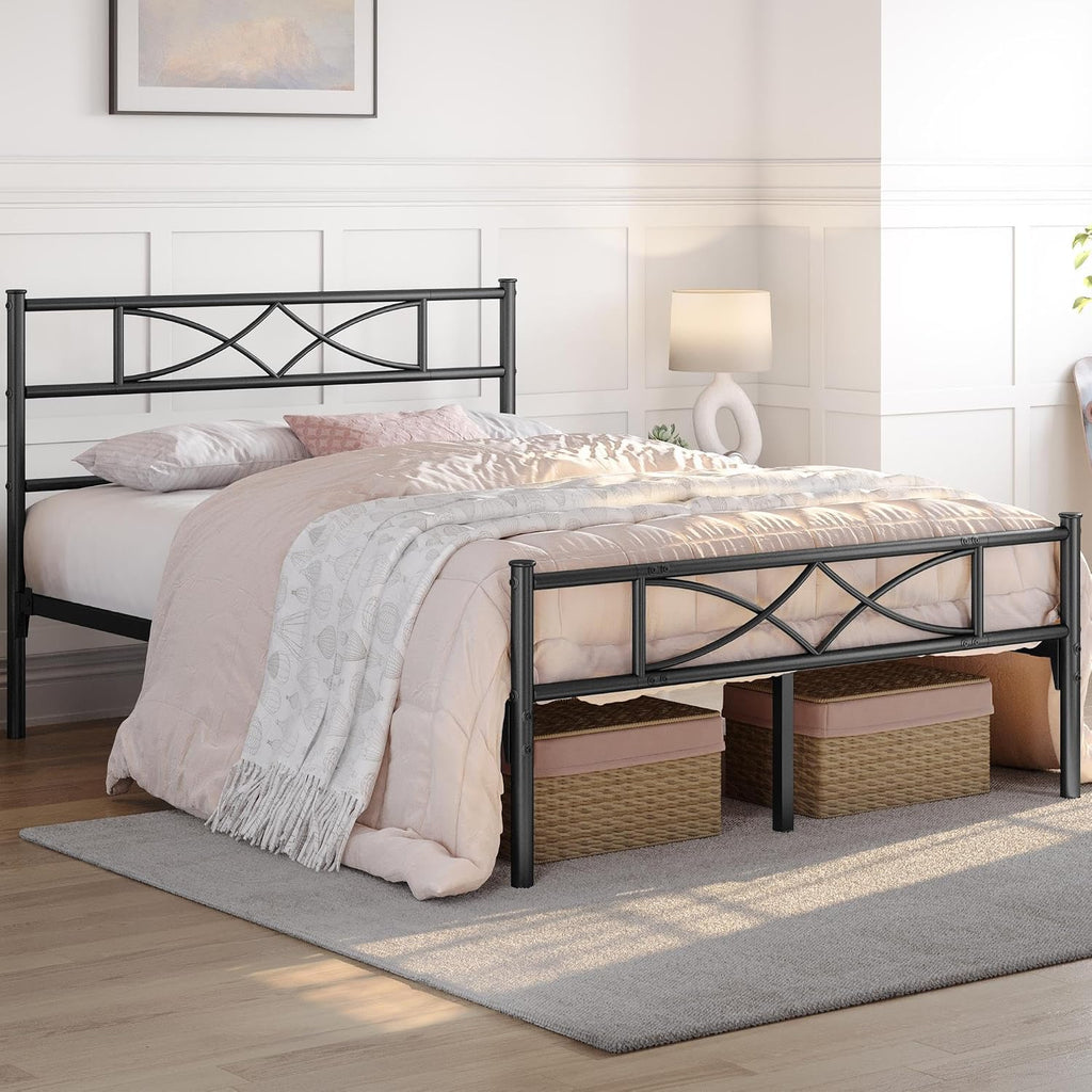 5ft King Bed Frames Metal Slatted Bed Platform with Curved Design Headboard and Footboard