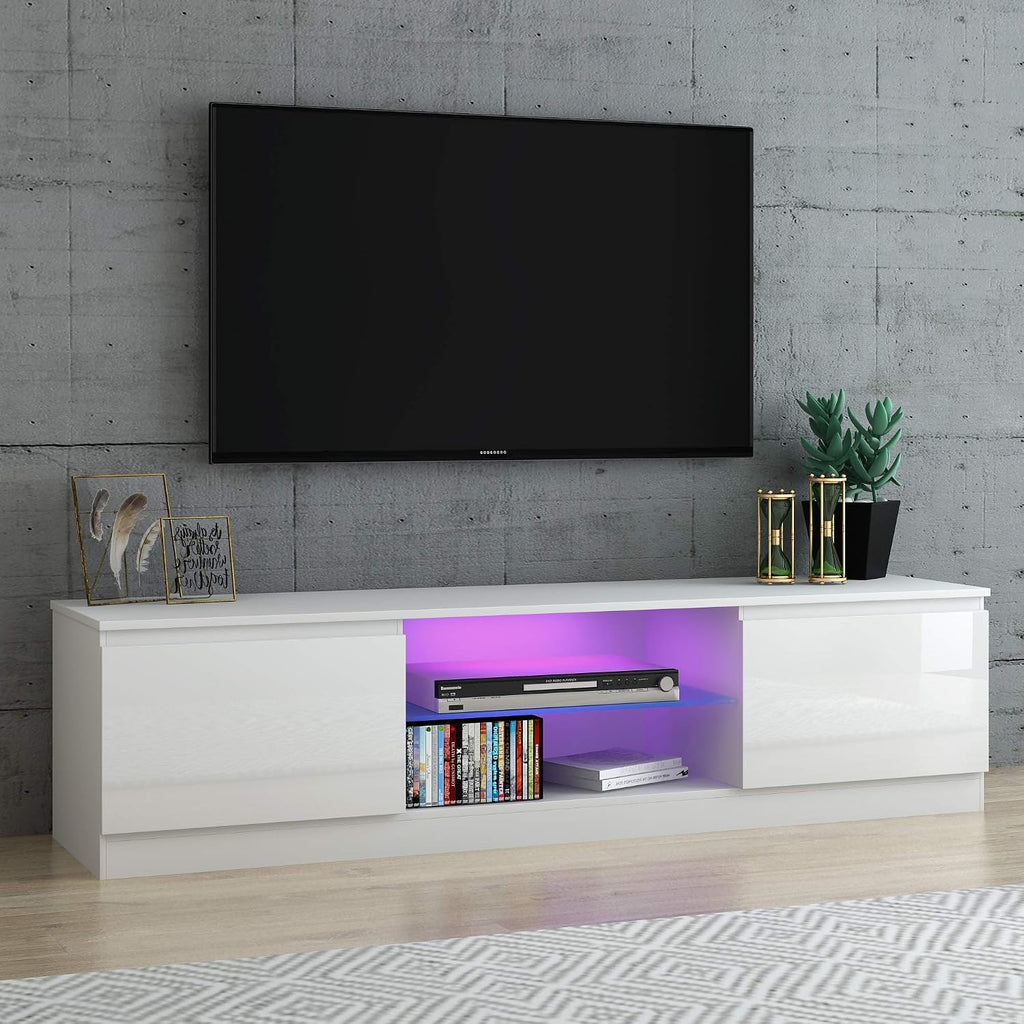 Modern TV Unit Cabinet Stand LED Cupboard 160CM Matt Body and High Gloss Front (White) (White)