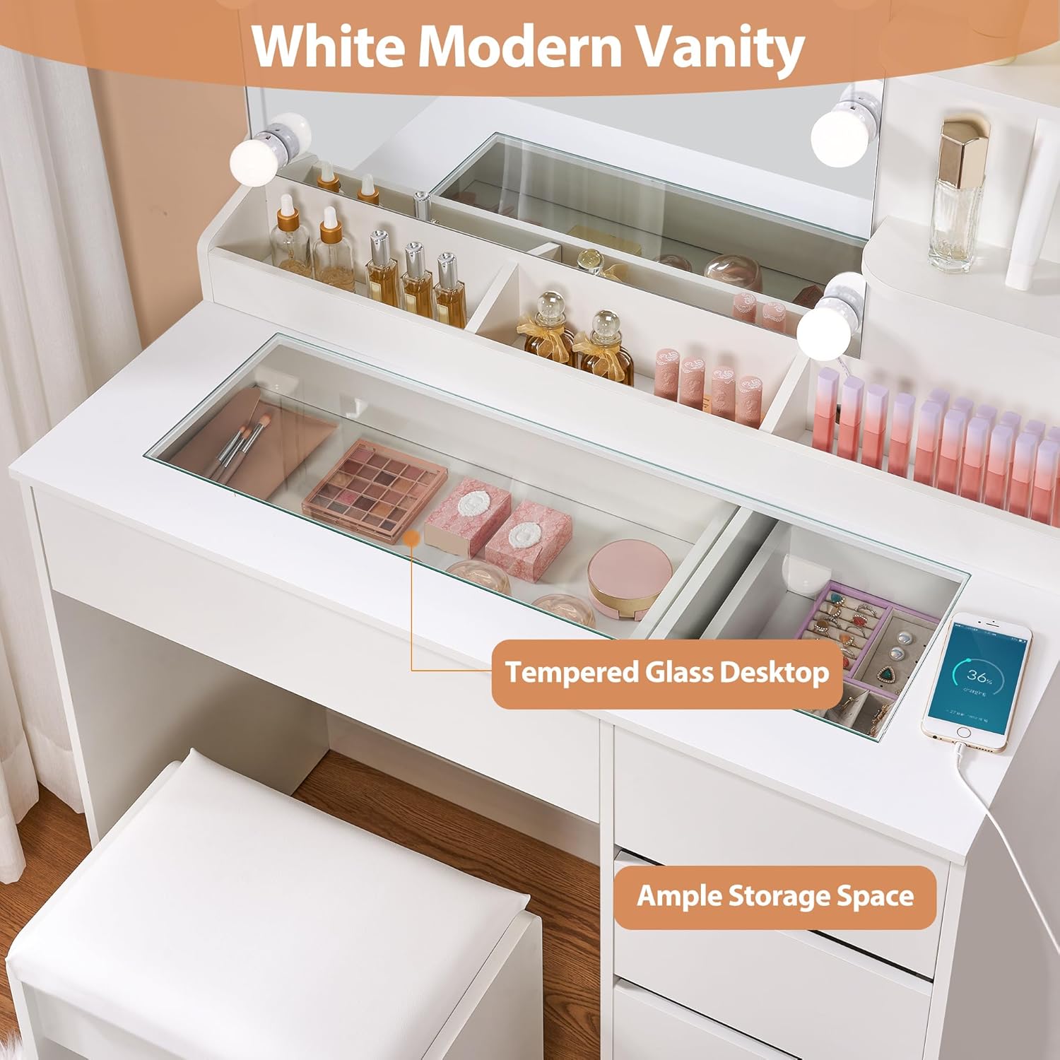 Dressing Table with Large Mirror and Lights 3-Colour LED Adjustable Brightness Glass Top Vanity Table with Plug and Stool 5 Drawers 5 Open Storage Areas Makeup Desk Bedroom White YBDT74W