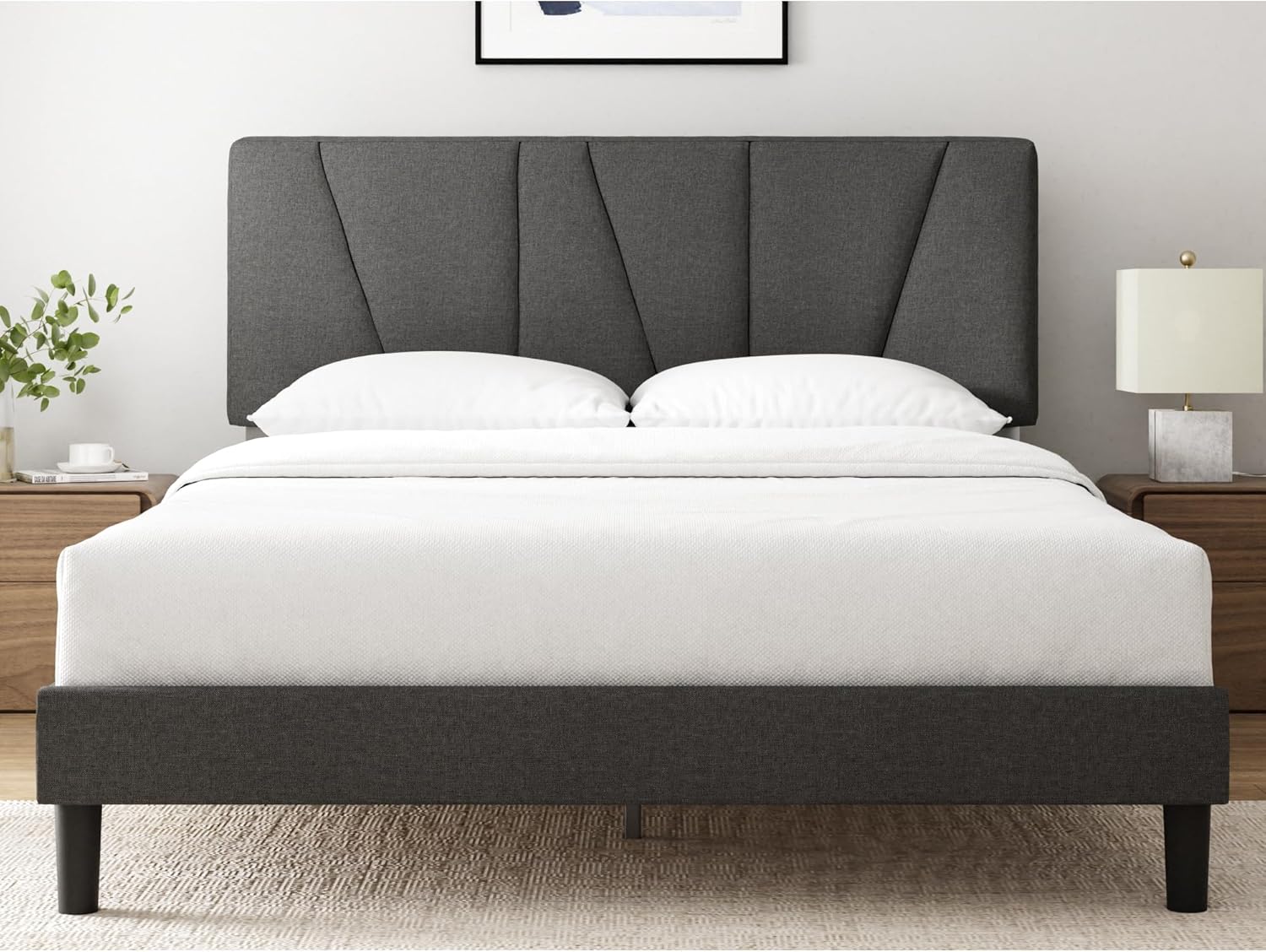 King Size Bed Frame with Headboard - 5ft (150 x 200 cm) - Upholstered Bed Frame - Wooden Slat Support - Easy Assembly - Dark Grey