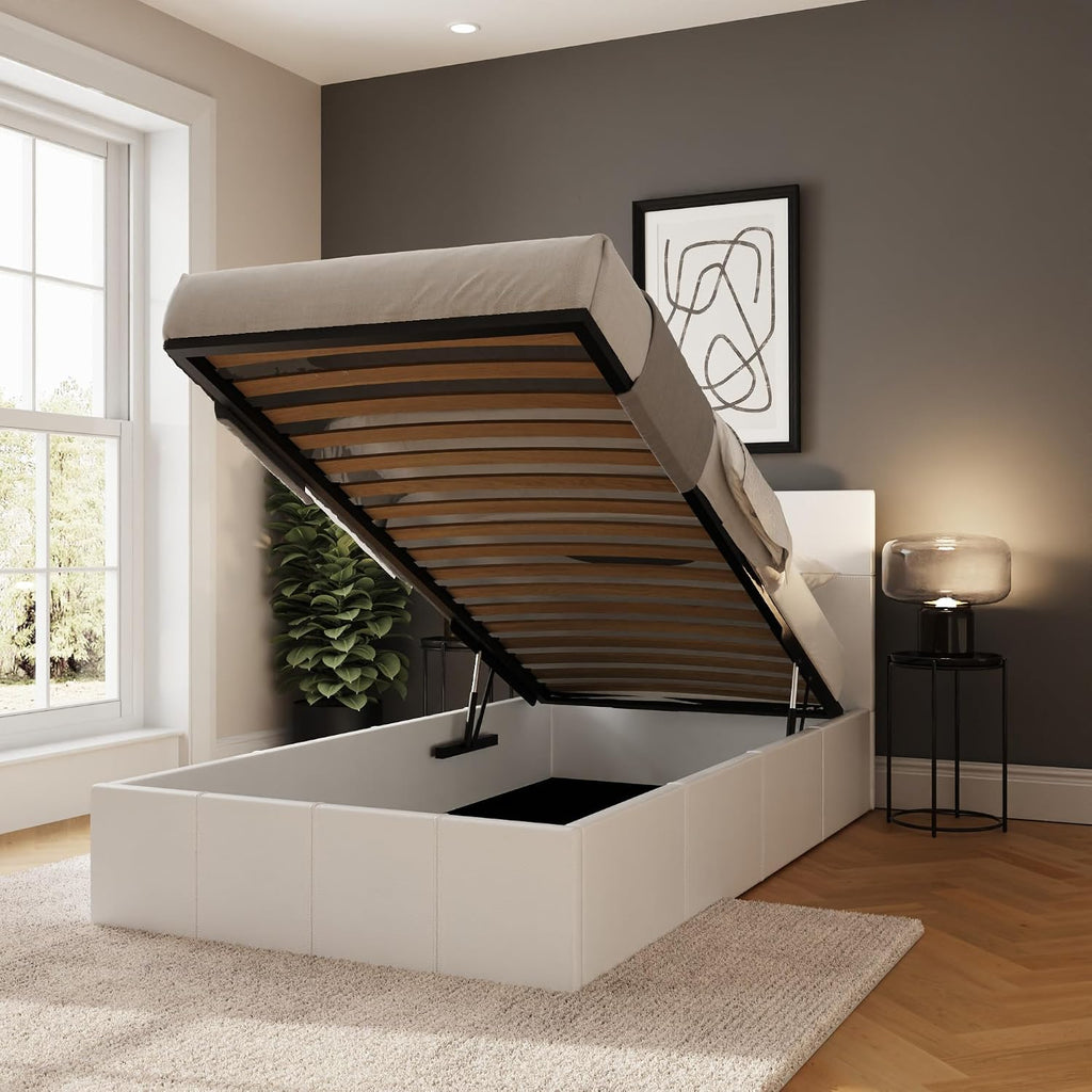Single White Upholstered Fabric Ottoman Bed Frame