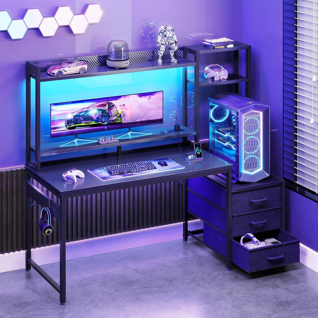 Gaming Desk with Drawers &amp; Display Shelves