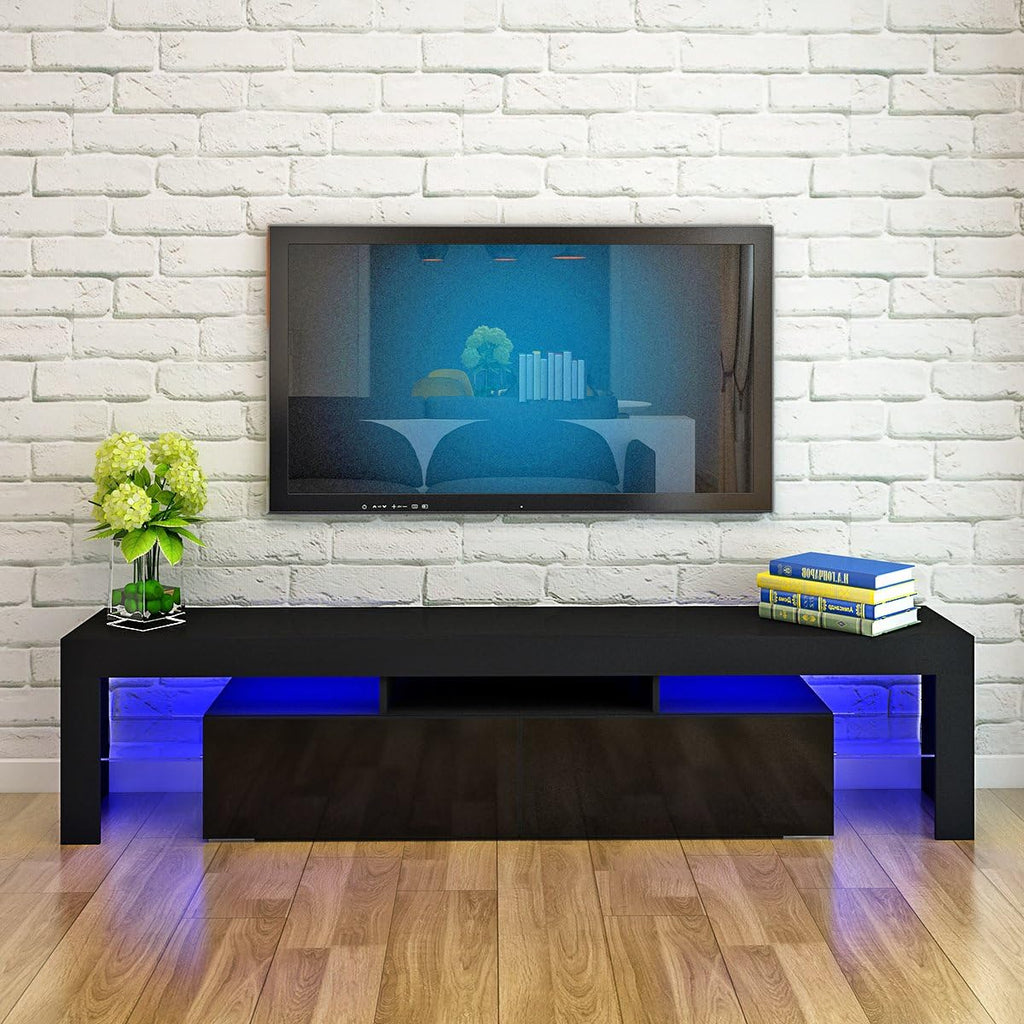 Modern White 200CM TV Unit Stand for 65 to 85 inch TV With RGB LED Lights High Gloss Door TV Stand Living Room Furniture TV Cabinet (Black)