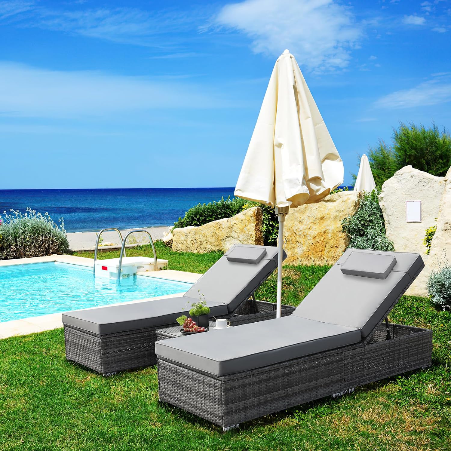 3 PCS Rattan Sun Lounger