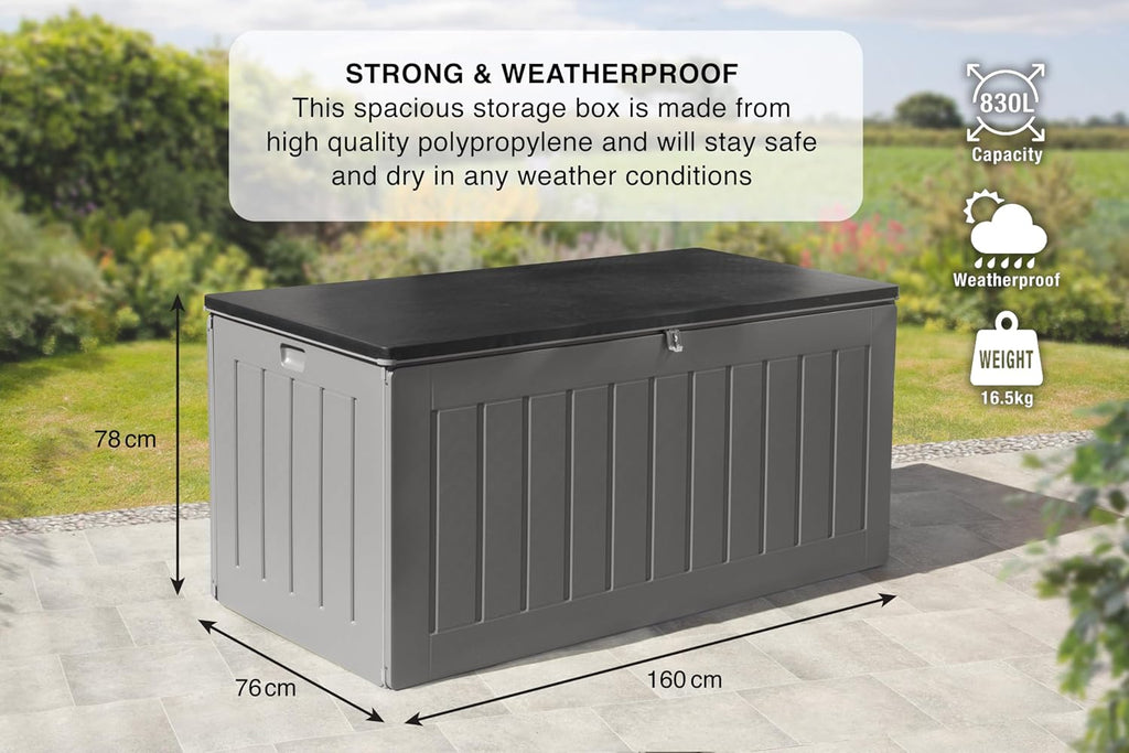 Garden Store Direct 830L/220 Gallon MASSIVE Capacity Outdoor Garden Storage Box Plastic Shed - Weatherproof &amp; Sit On with Wood Effect Chest (830 Litre
