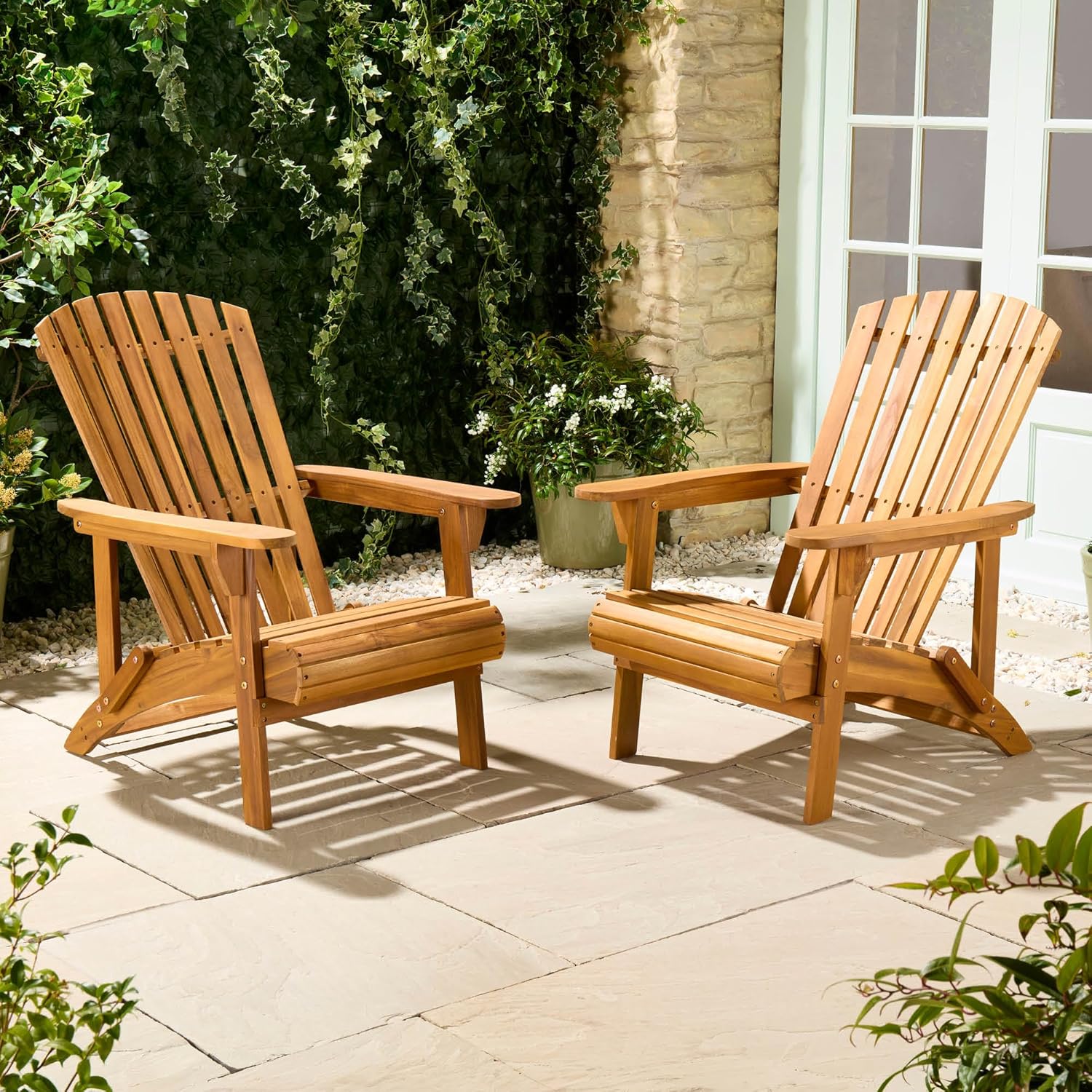Chairs Set of 2 - Outdoor Acacia Hardwood Garden Chairs &amp; Teak Oil Finish - Durable Weather Resistant Wood for Patio &amp; Deck - Ergonomic Sloped Back - Hudson