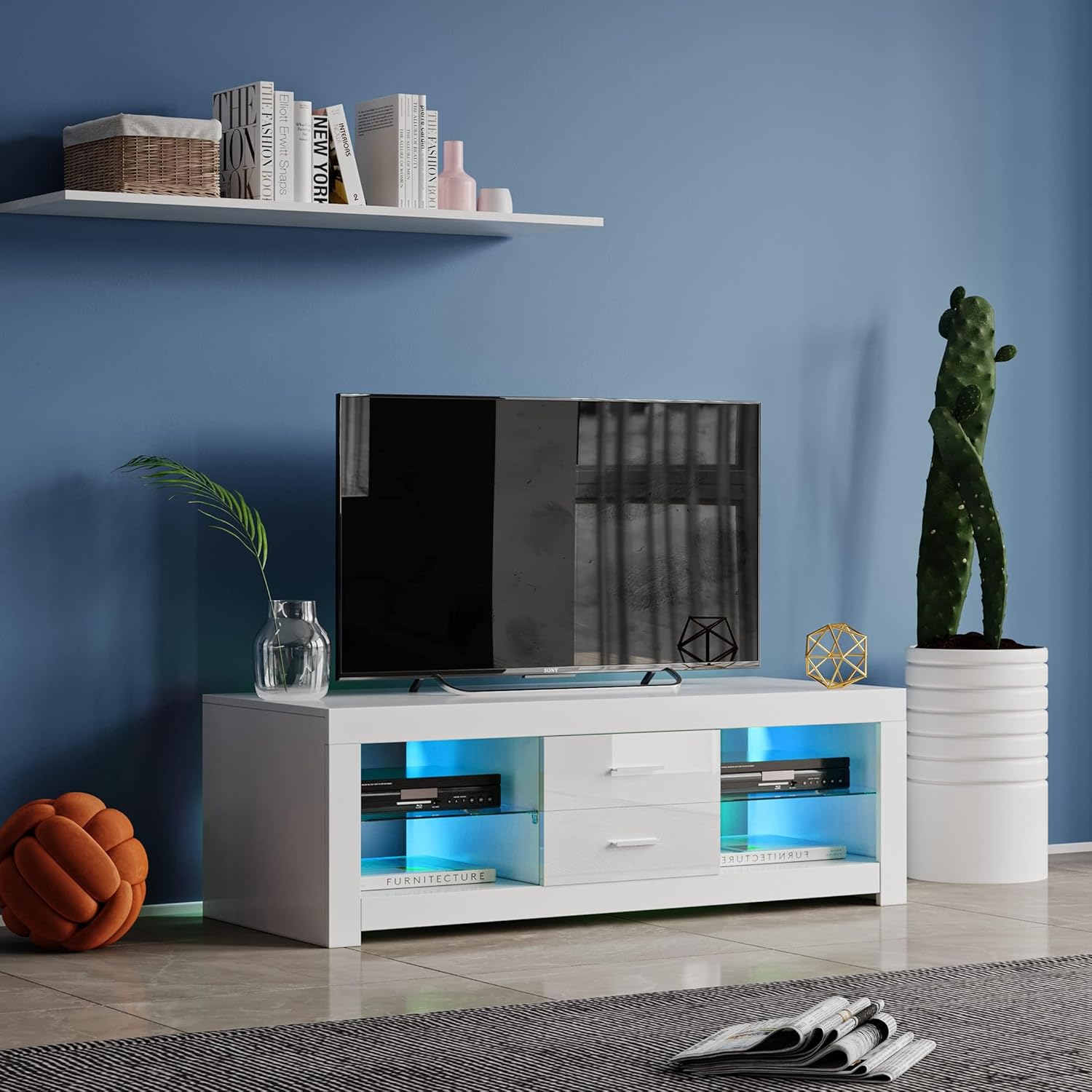 Modern TV Unit Stand Cabinet 120cm 2 Drawers 2 Glass Shelves Media Storage Sideboard with RGB LED Lights up to 55" TVs Screen