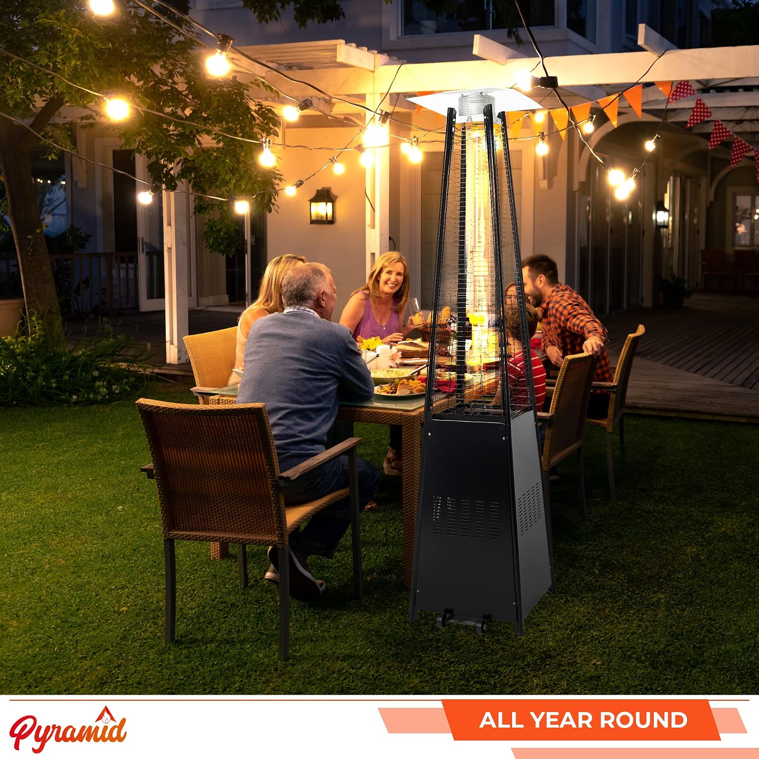 Outdoor Pyramid Patio Heater in Black - 13KW Propane Gas Standing Floor Heater for Outdoors &amp; Gardens - Outside Space Heating for Decking