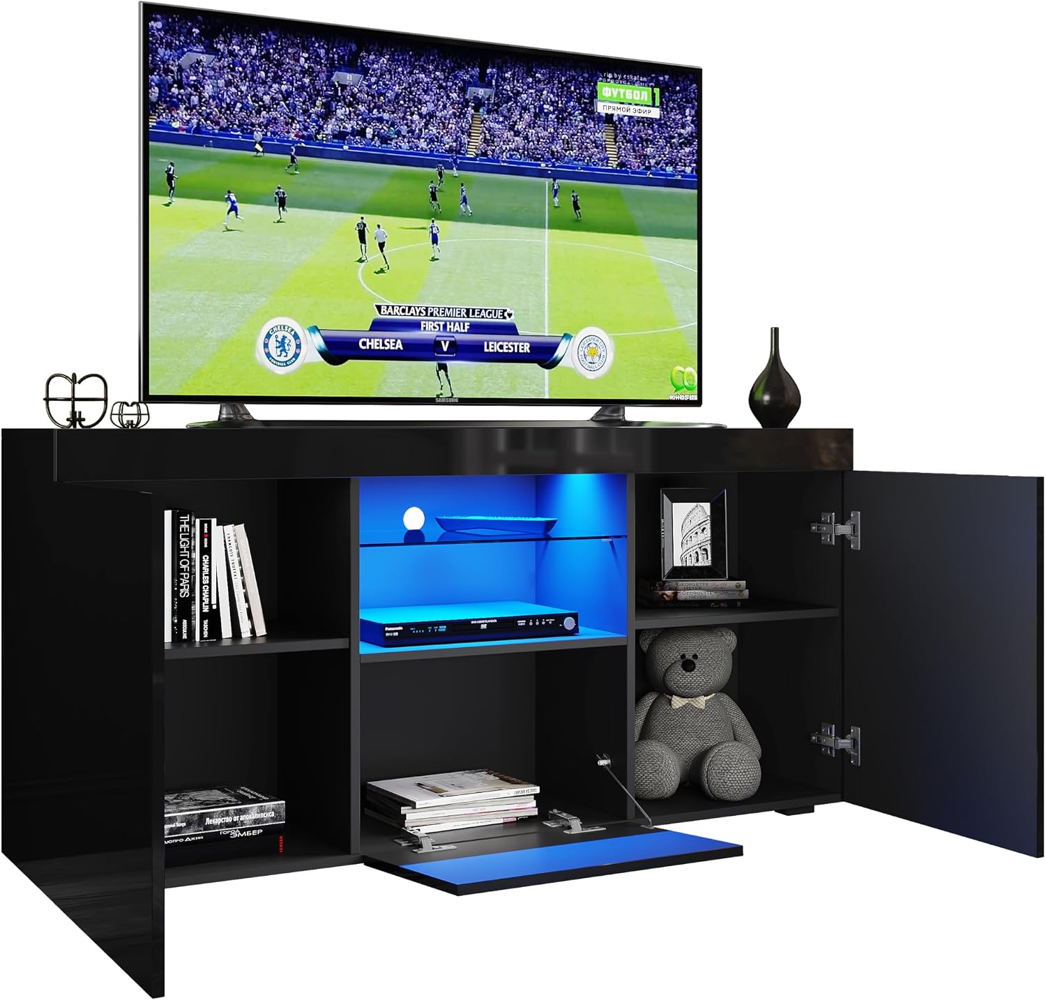 1350mm Modern TV Stand Cabinet with RGB LED Lights Black Gloss TV Unit for up to 55" TV with Ambient Light for Living Room Furniture
