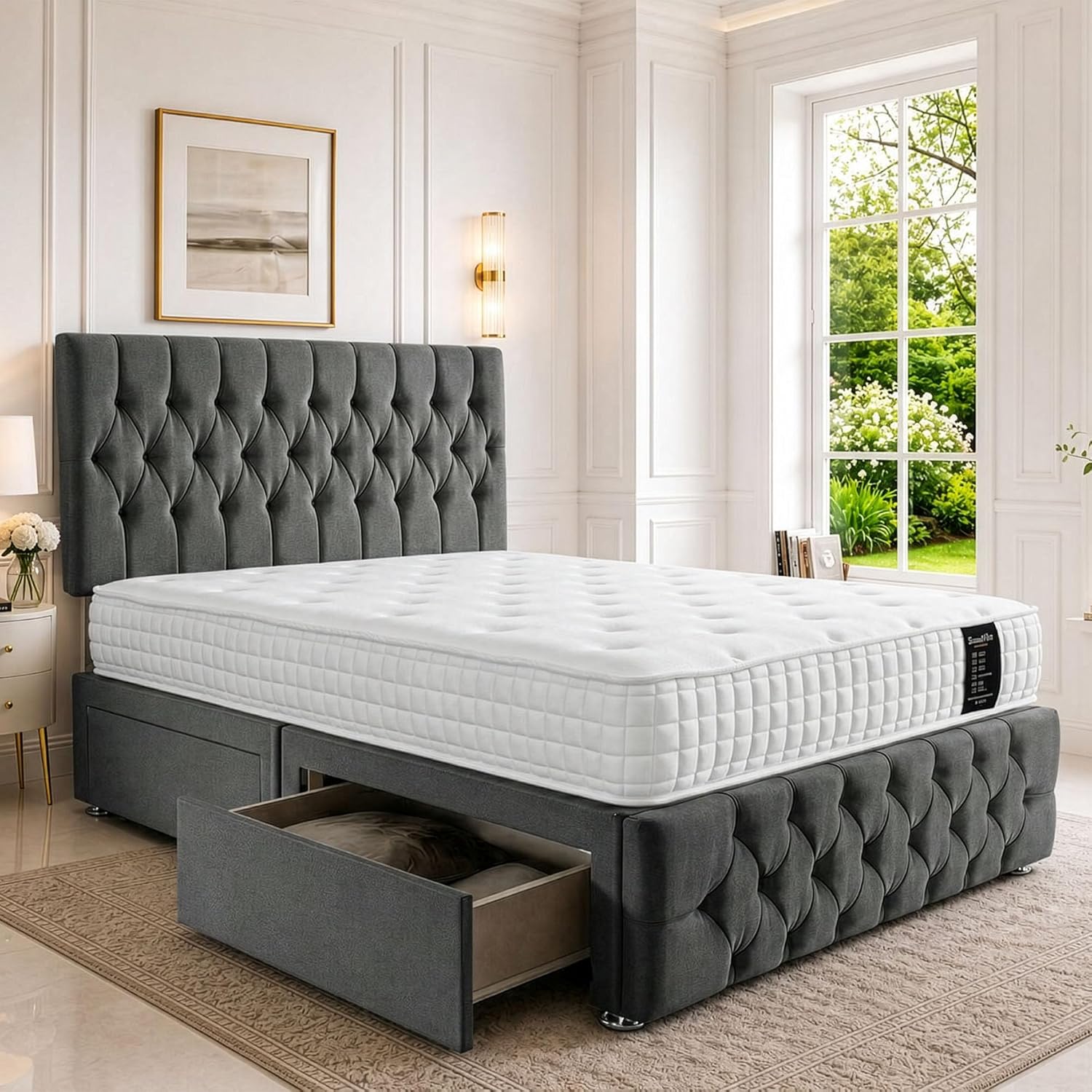 Double Bed 4FT6 with Headboard &amp; Footboard - Dmask Grey Plush Finish - Includes Pocket Sprung Multi-Zone Mattress &amp; 2 Drawers - Sturdy Divan Design for Compact Bedrooms