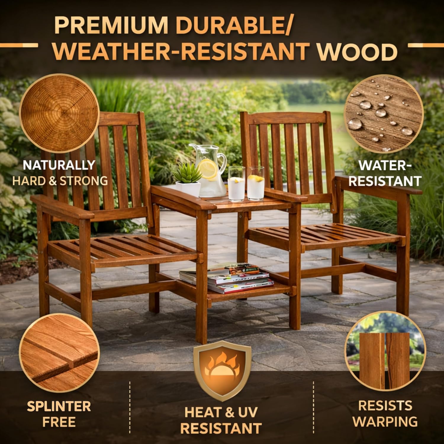 Garden Mile Jack and Jill Bench with Central Table - 2 Seater Wooden Garden Furniture