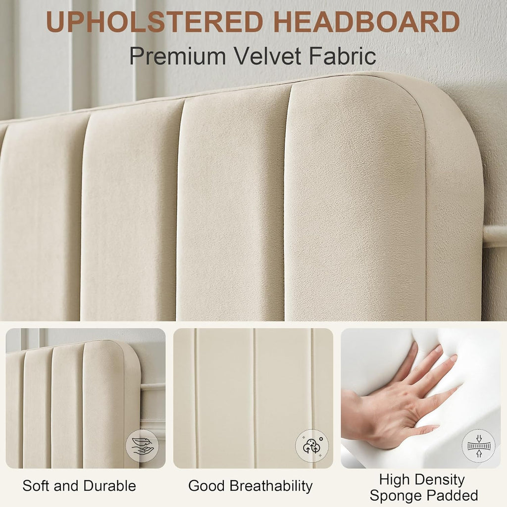 Double Bed Frame with Velvet Headboard