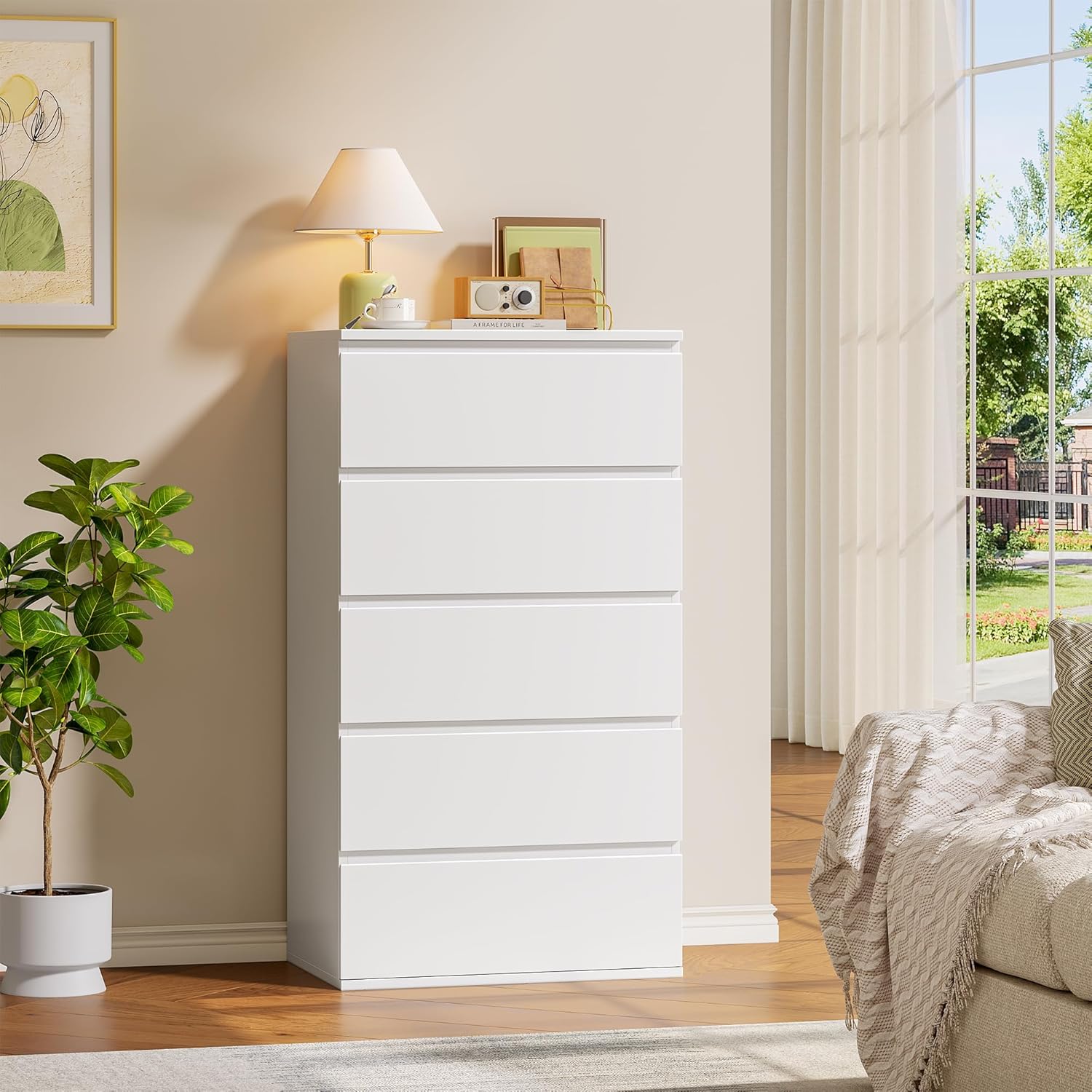 White Chest of Drawers Bedroom Storage Cabinet with 5 Drawers Tall Chest of Drawers Dresser Wooden Cupboard Bedroom Furniture for Living Room 55x33x100cm