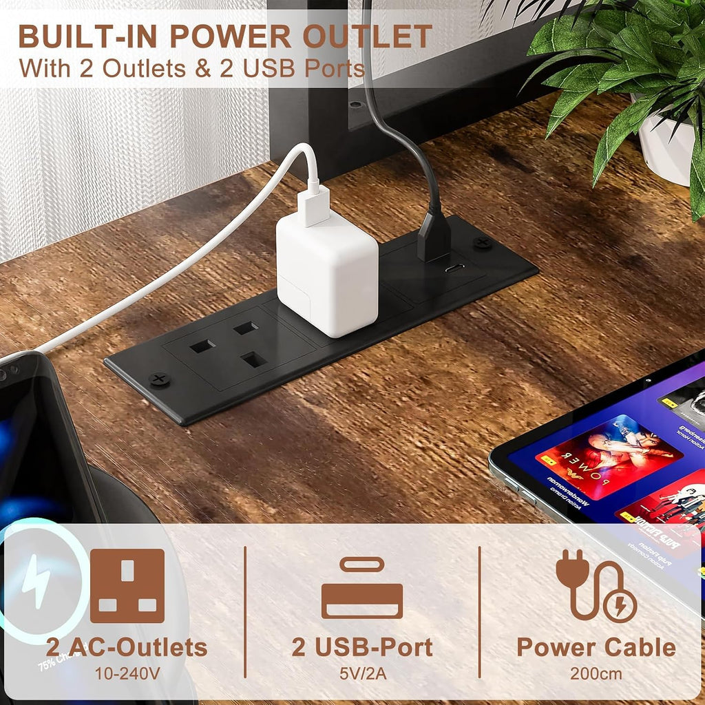 Gaming Desk with Power Outlets &amp; LED Lights