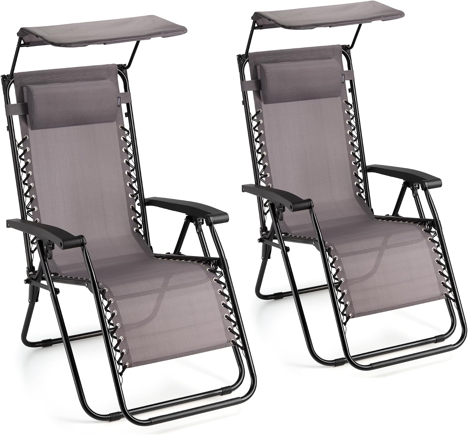 Chairs with Canopy Set of 2 - Grey Reclining Sun Loungers for Garden - Textilene Folding Sunloungers with Adjustable Sun Shade - 2 Set Deck Chairs for Outdoor