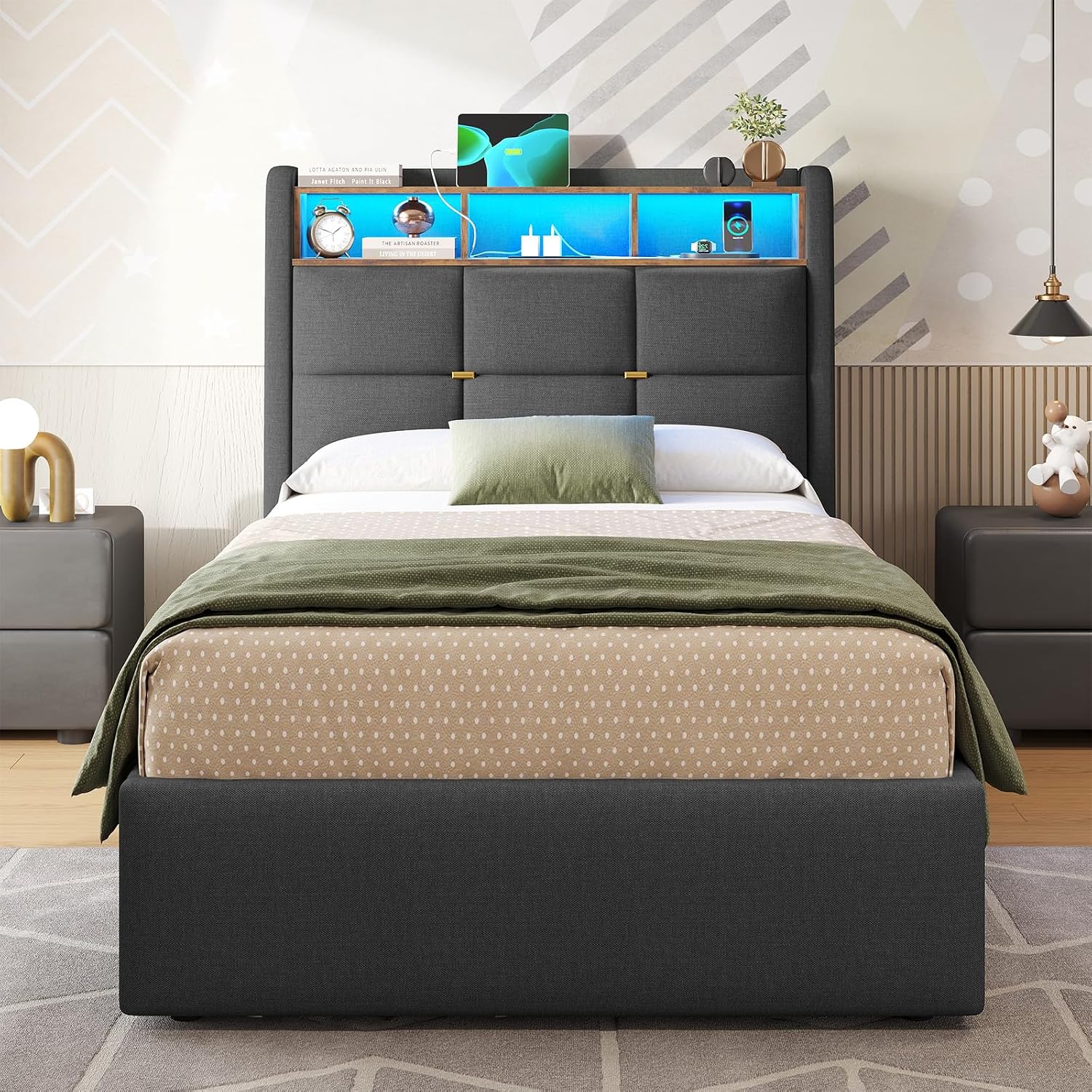 Single Bed Frame with Hydraulic Storage and Charging Station 3ft Upholstered Ottoman Lift Up Storage Bed with Headboard and Led Light,90x190 Platform bed with Solid Wood Slats,Grey(No Mattress)