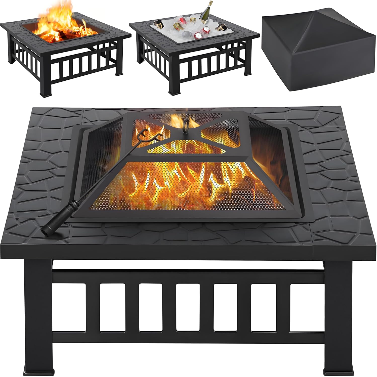 Outdoor Fire Pit 81cm Square Firepit 3-in-1 Heat-Resistant Metal Garden Stove for Barbecue