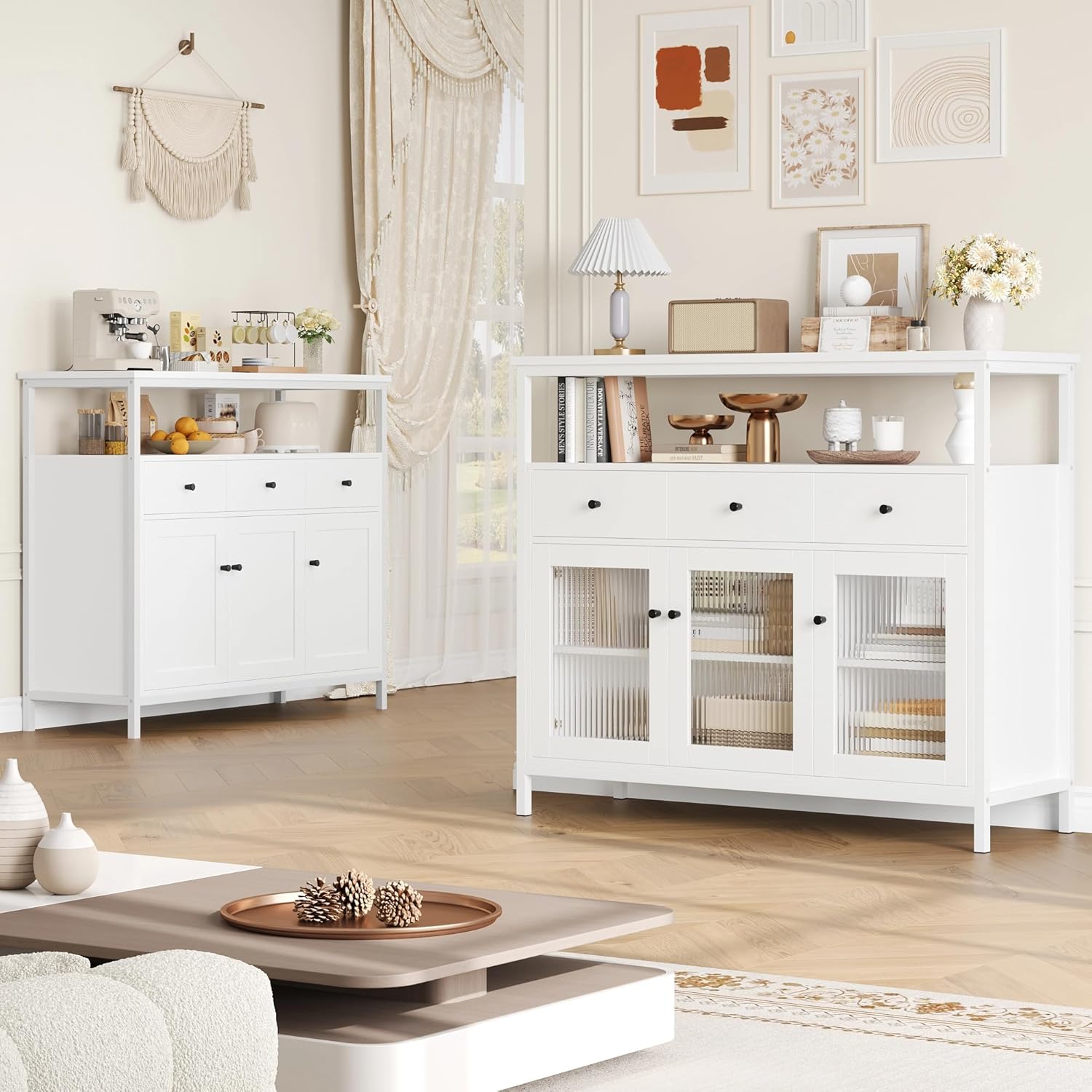 White Sideboard Storage Cabinet Kitchen Sideboard Buffet Cabinet with 3 Glass Doors 3 Drawers and Adjustable Shelves for Living Room Dining Room