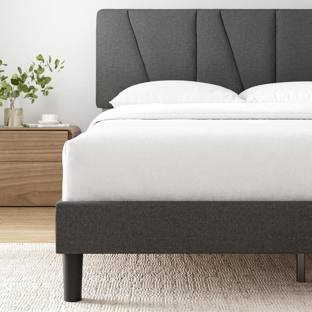 King Size Bed Frame with Headboard - 5ft (150 x 200 cm) - Upholstered Bed Frame - Wooden Slat Support - Easy Assembly - Dark Grey