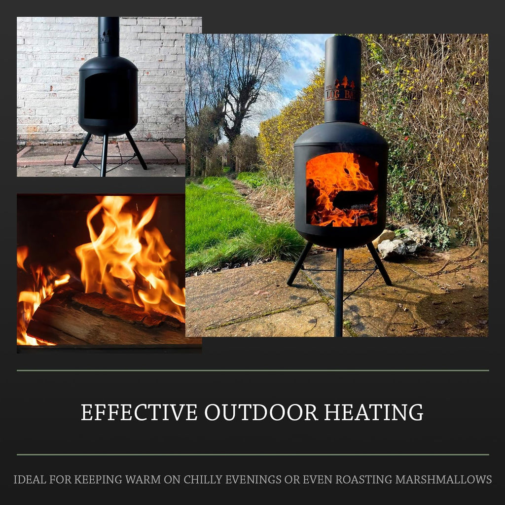 Chiminea for Garden (43 x 43 x 118 cm). Black Steel Log Burner Outdoor with Poker. Durable