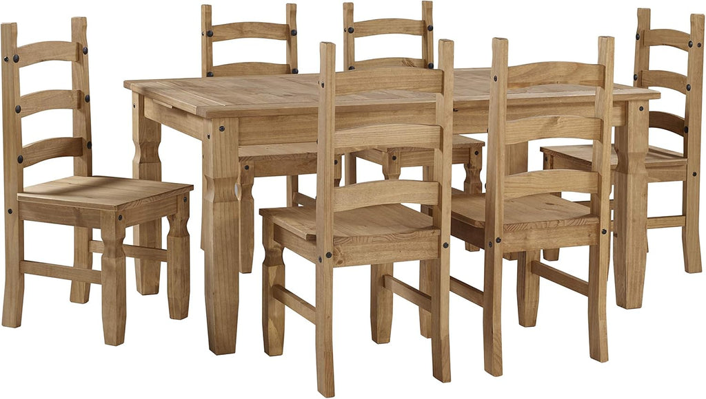 Corona Large Extending Dining Table &amp; 6 Chairs Set Solid Wood Pine Wooden Large Kitchen Mexican Style 76cm High 160/200cm Wide 91cm Deep