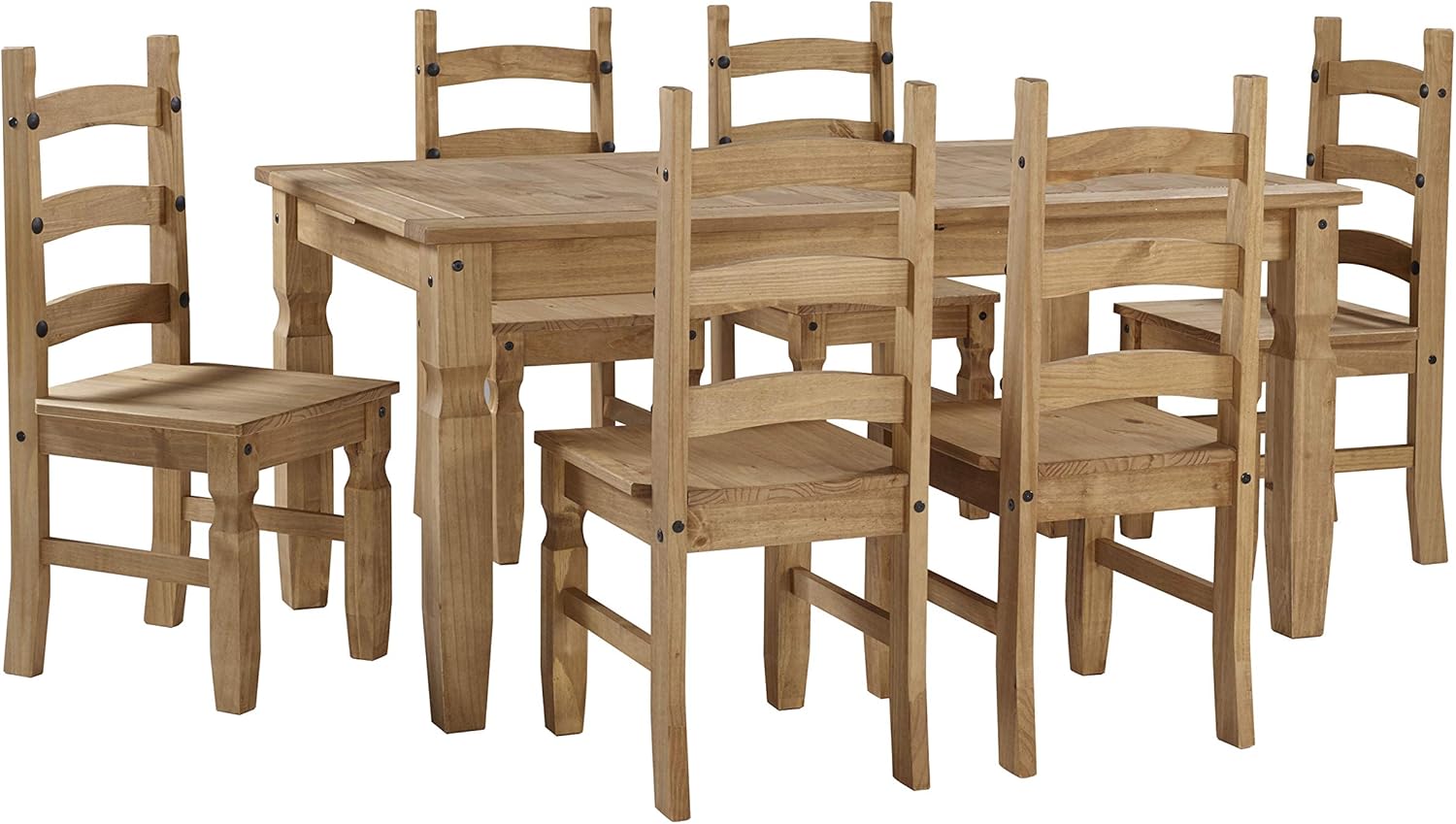 Corona Large Extending Dining Table &amp; 6 Chairs Set Solid Wood Pine Wooden Large Kitchen Mexican Style 76cm High 160/200cm Wide 91cm Deep