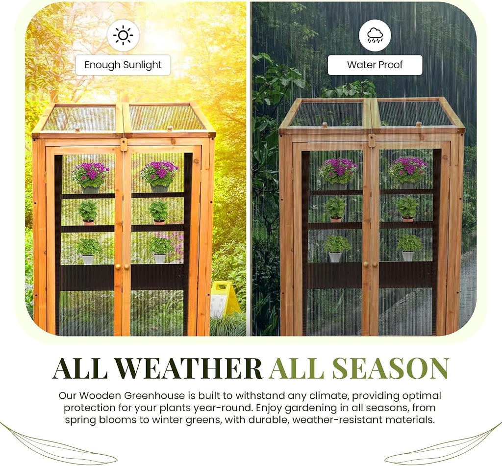 Wooden Greenhouse for Garden with Transparent Polycarbonate Panels Outdoor Green House - Wooden Cold Frame with Removeable Shelves Grow House for Plants and Herbs H120 x W69 x D49 cm
