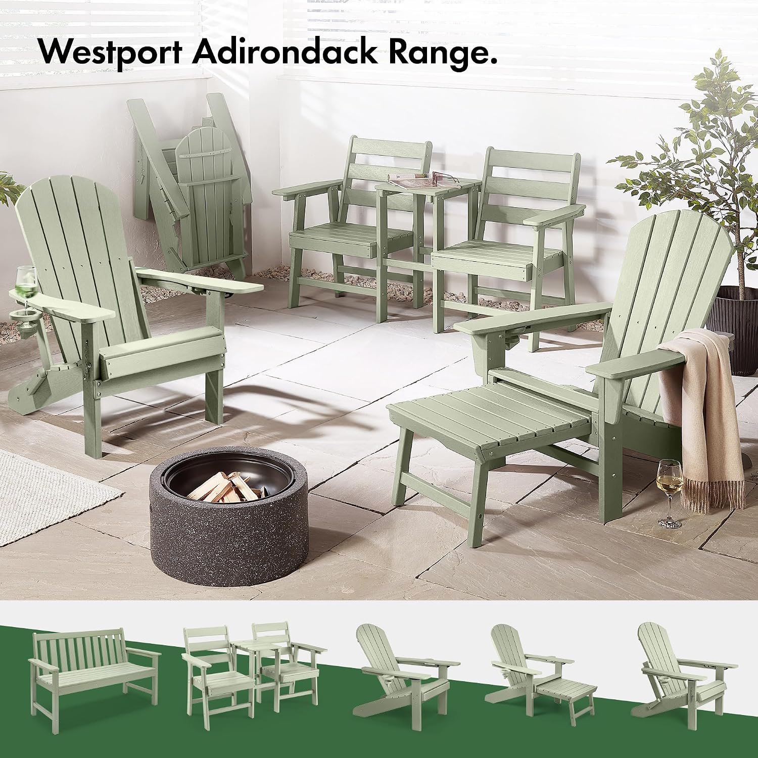 Seat for Garden - 2 Seater Sage Green Jack &amp; Jill Loveseat Patio Set - 2 Person HDPE Companion Set with Built-in Parasol Hole for Terrace