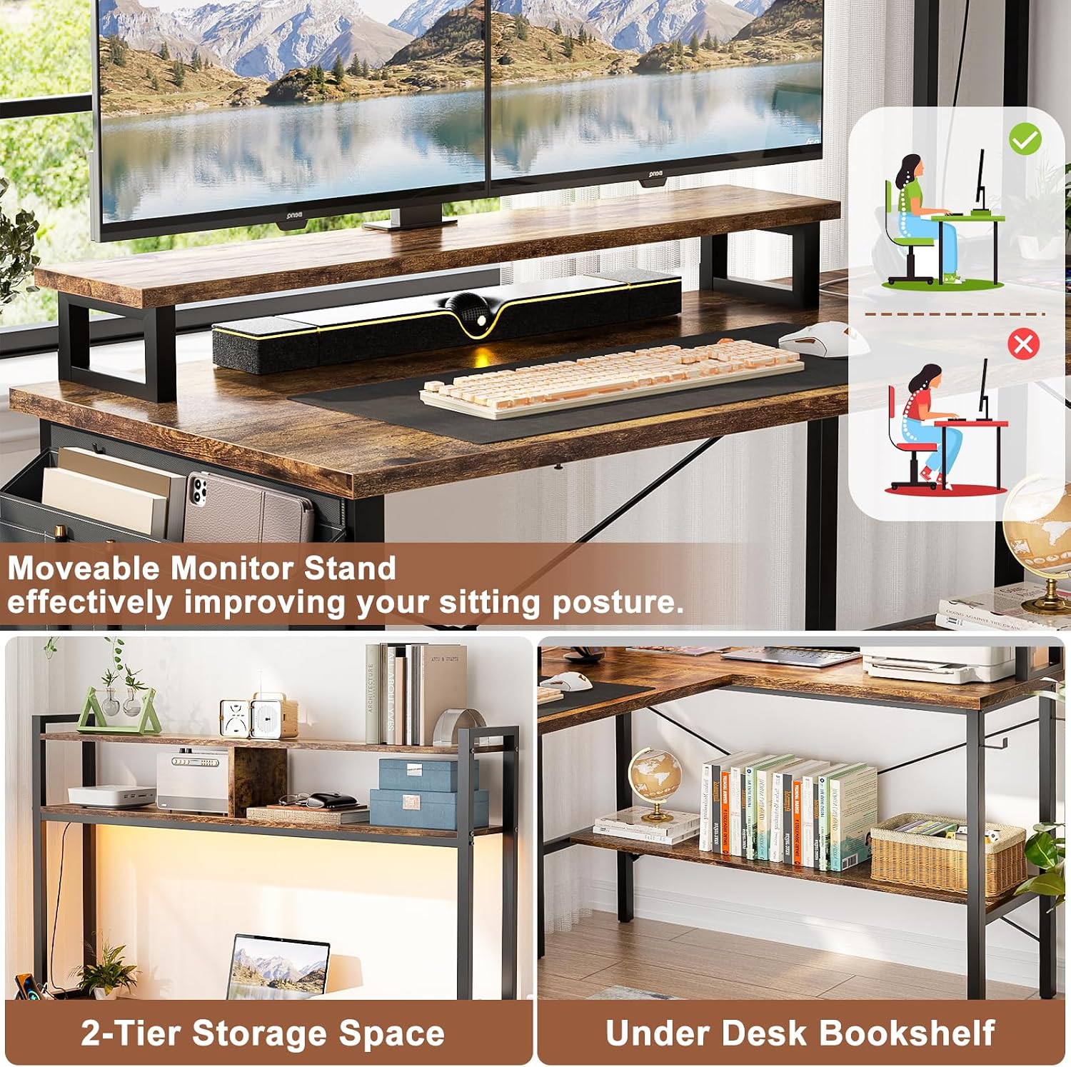Gaming Desk with Power Outlets &amp; LED Lights