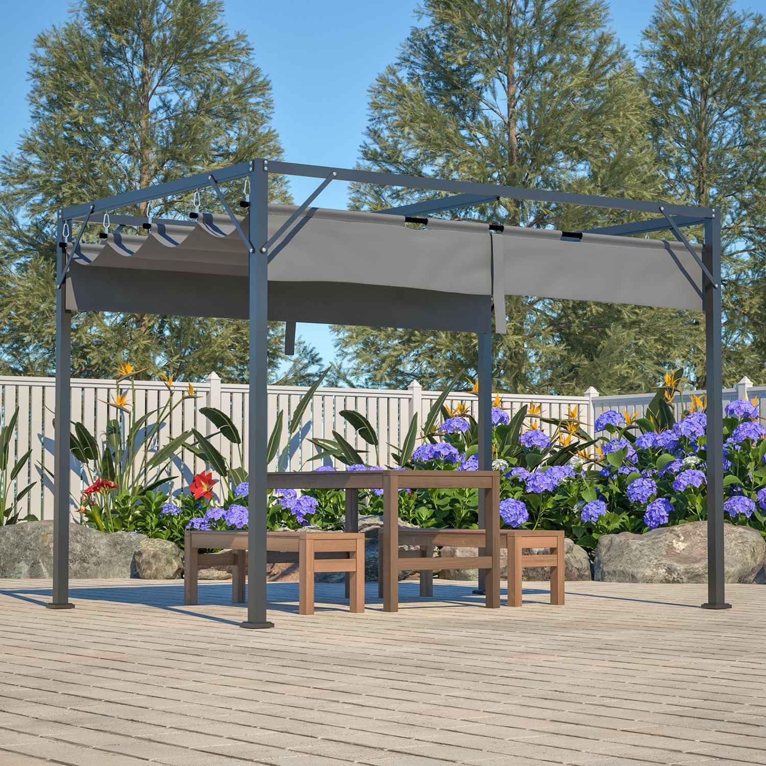 Pergola Gazebo 180g PE Polyester UV-Resistant Backyard Garden Sun Shade Roof Shelter Porch Awning Retractable Slide Canopy Outdoor Grape Trellis Patio 3X2M Grey