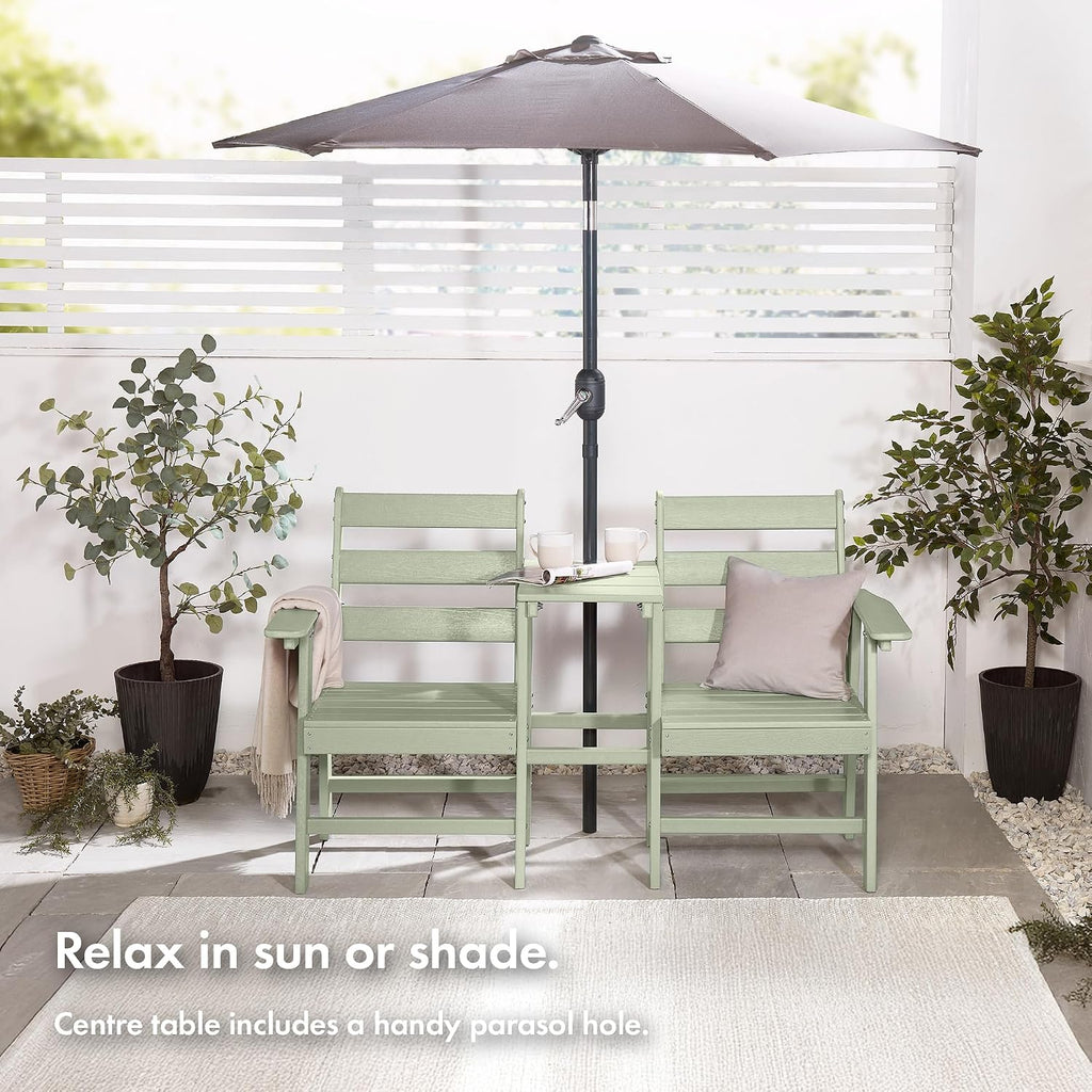 Seat for Garden - 2 Seater Sage Green Jack &amp; Jill Loveseat Patio Set - 2 Person HDPE Companion Set with Built-in Parasol Hole for Terrace