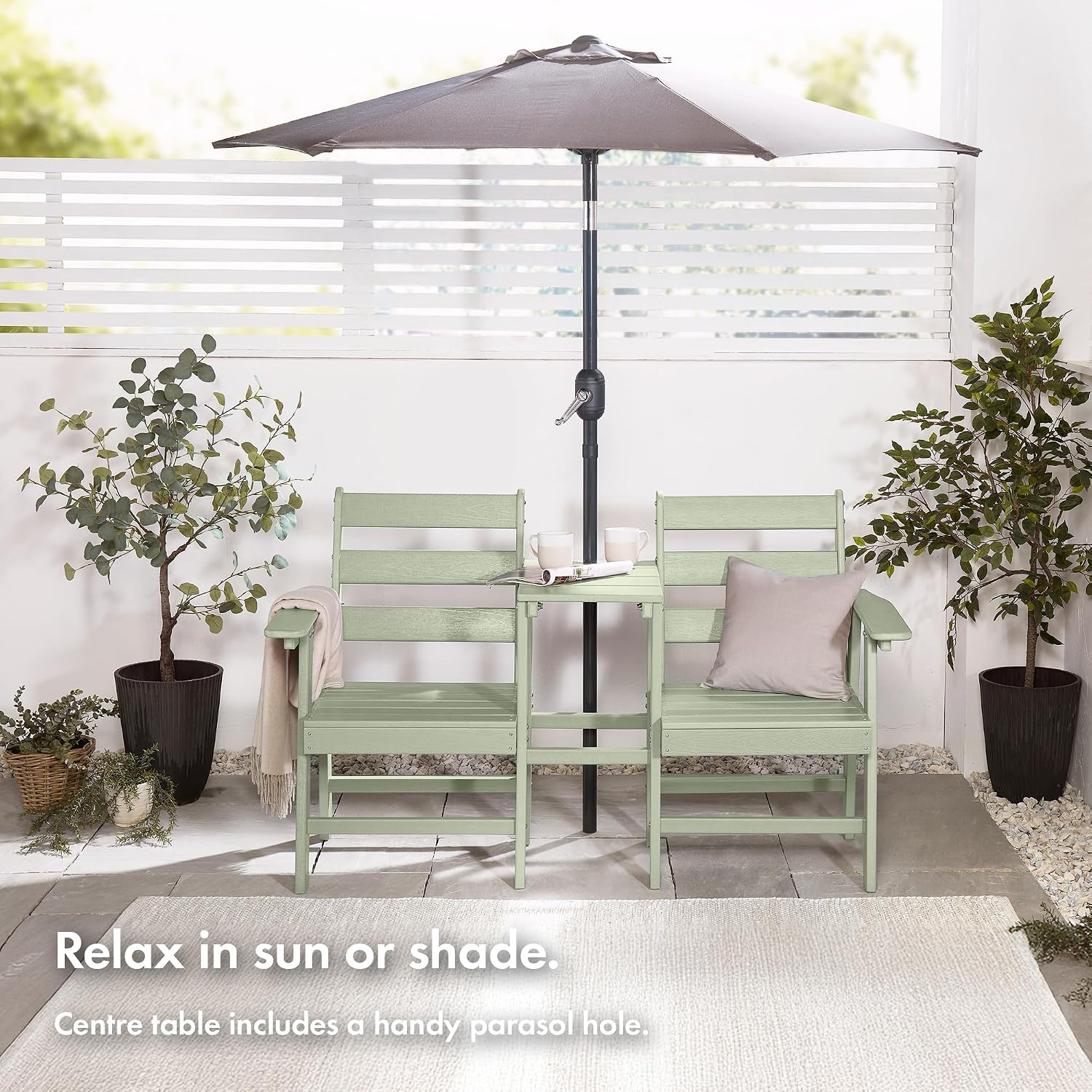 Seat for Garden - 2 Seater Sage Green Jack &amp; Jill Loveseat Patio Set - 2 Person HDPE Companion Set with Built-in Parasol Hole for Terrace