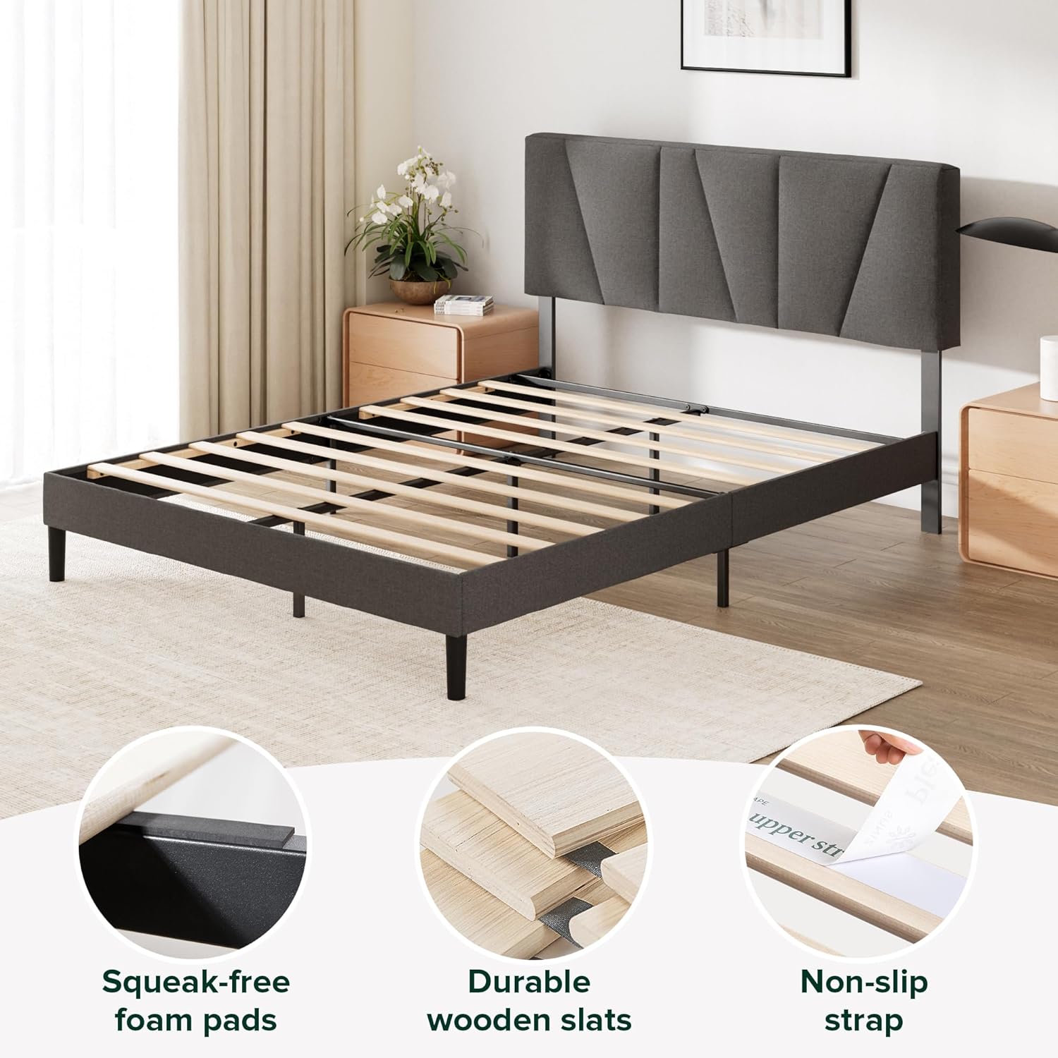 King Size Bed Frame with Headboard - 5ft (150 x 200 cm) - Upholstered Bed Frame - Wooden Slat Support - Easy Assembly - Dark Grey