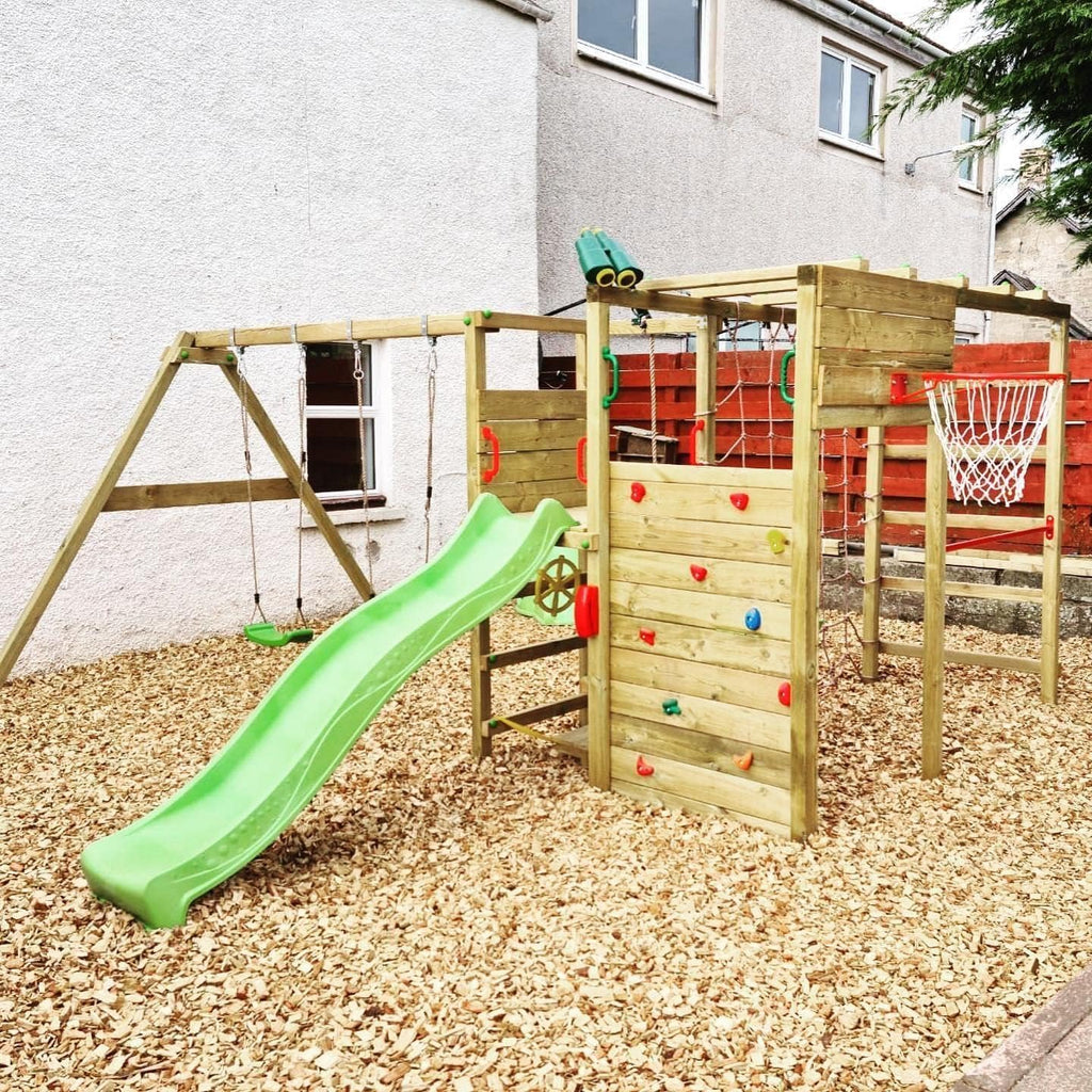 Wooden climbing frame ActionArena Air XXL with swing set &amp; apple green slide