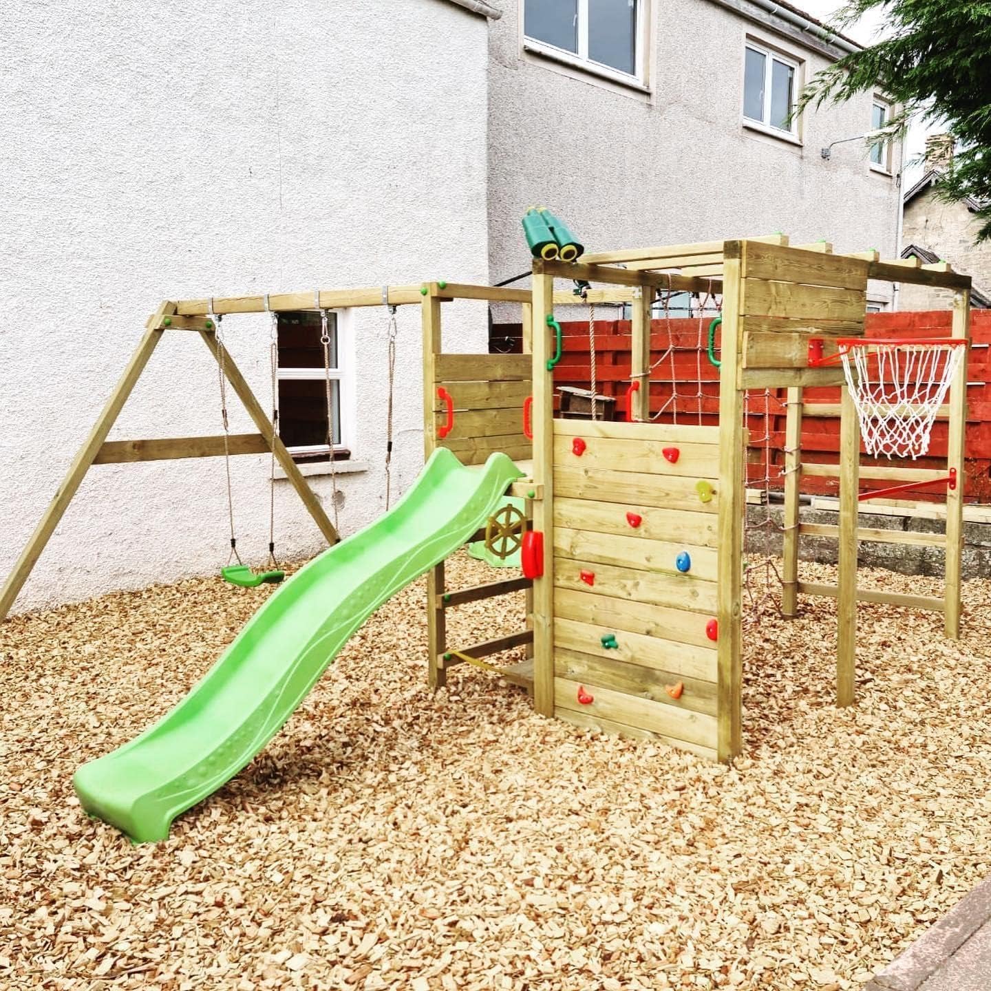 Wooden climbing frame ActionArena Air XXL with swing set &amp; apple green slide