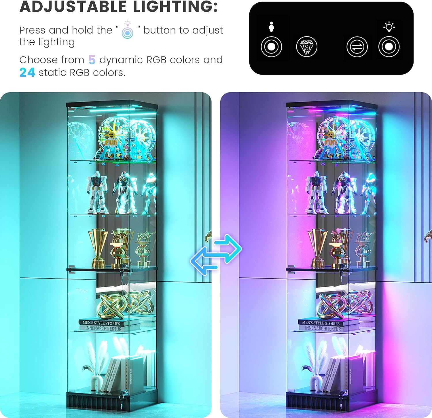 67″ RGB Glass Display Cabinet with Human Sensor,Modern Storage Bookcase Cabinet with Dynamic lighting,5 Tier Curio Cabinet with Lockable Glass Door for Study,Living Room,Bedroom,Black