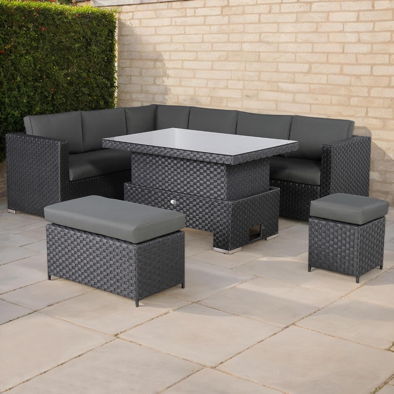 Rattan Rattan Corner Sofa Set Rattan Garden Furniture Set Patio Corner Sofa Set with Rising Table and Washable Cushions (black