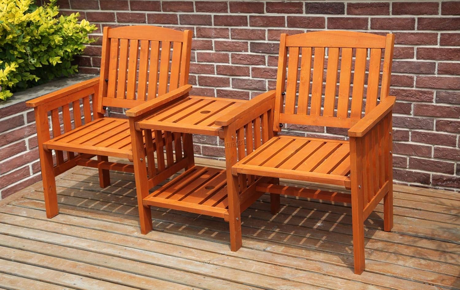 Outdoor Garden Love Duo Seat Patio Bench Couples Companion Yard 2 Seater Chair Twin With Table Set Parasol Hole Pool Wooden Furniture LS02 Natural