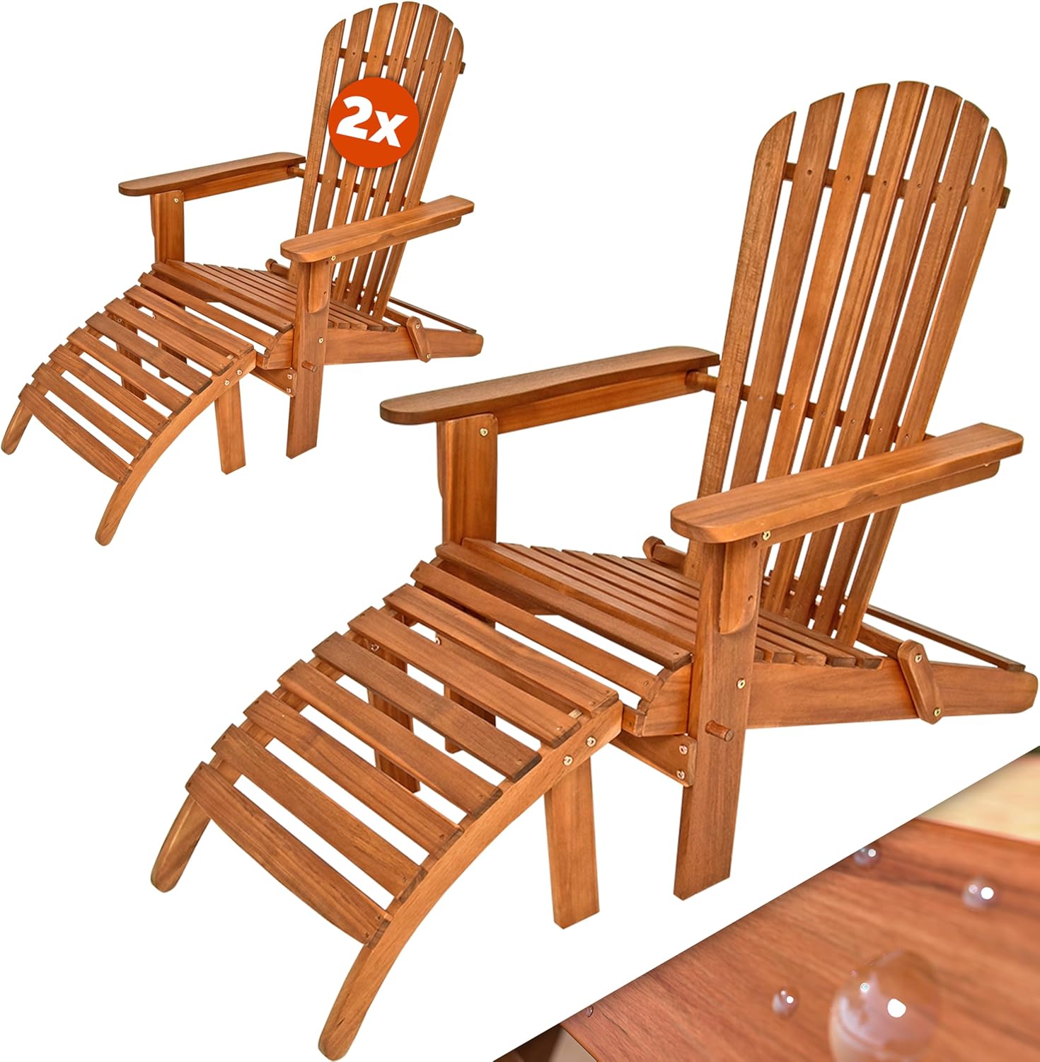 2x Adirondack Wooden Sun Loungers with Footrests