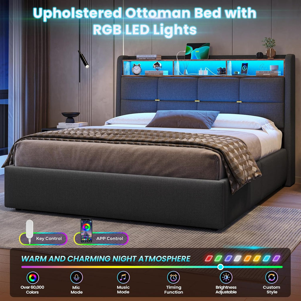 King Size Bed Frame with Hydraulic Storage,Charging Station and Led Lights King Upholstered Ottoman Bed with Headboard,5ft Lift Up Platform Storage Beds,Wood Slats,Grey-150x200cm-No Mattress